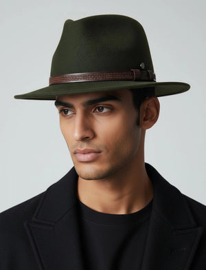 Cappello Fedora Oval in feltro di lana oliva e cinturino in pelle "Waterproof and Crushable" Cappello Fedora Oval in feltro di lana oliva e cinturino in pelle "Waterproof and Crushable"