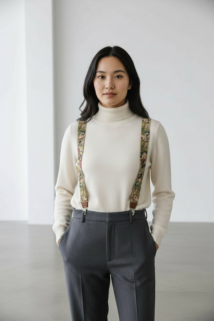 Sbarià Bretella Comix artisanal suspenders made in Italy, featuring stylish fabric straps and metal hardware.