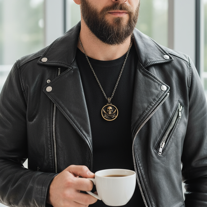 Silver and bronze pirate-themed necklace with Black Sails design by BDG Accessories, featuring detailed maritime-inspired elements.