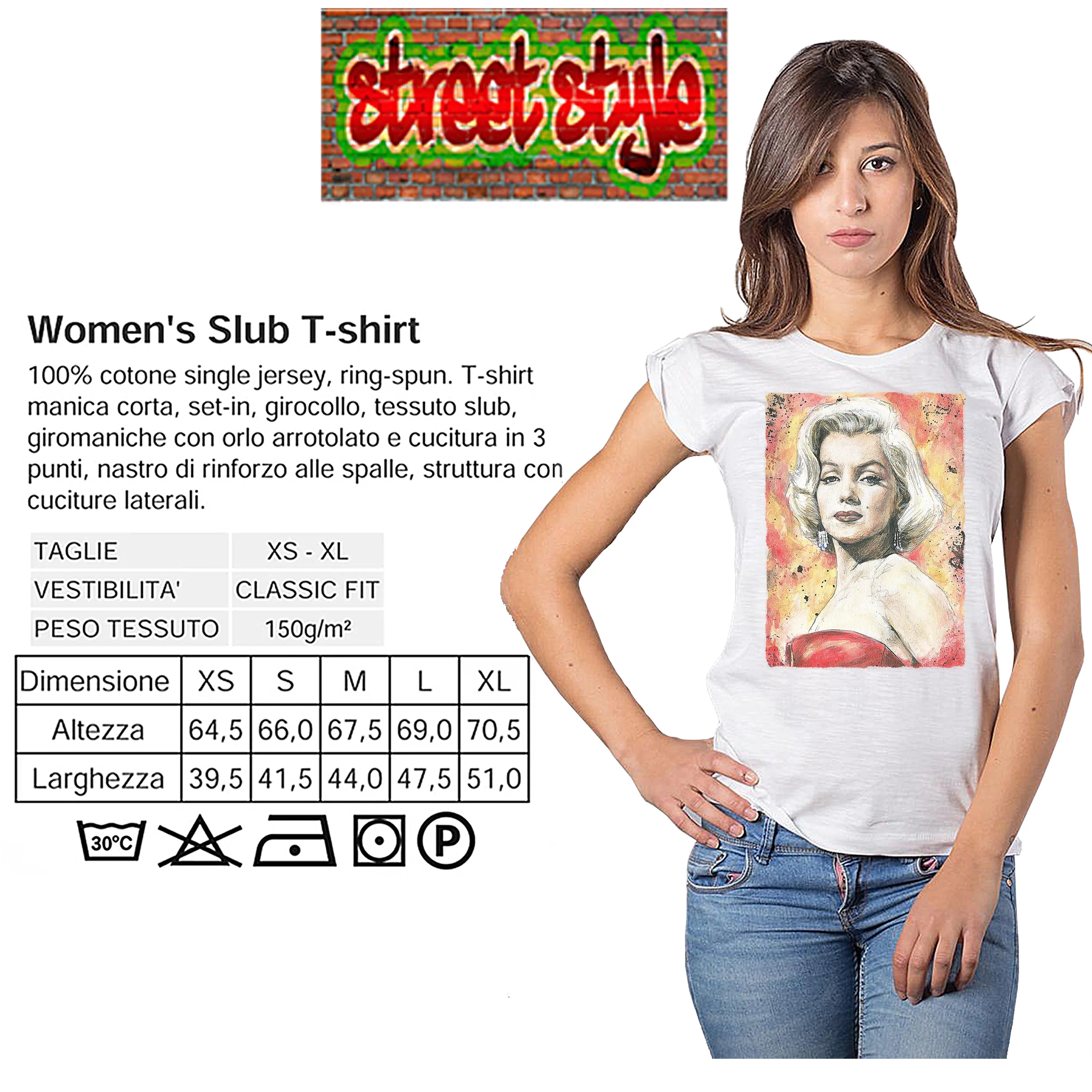 Urban Slub Cotton Marilyn Monroe Donna T-shirt by STREET STYLE, featuring a graphic of Marilyn Monroe on a casual women’s tee.