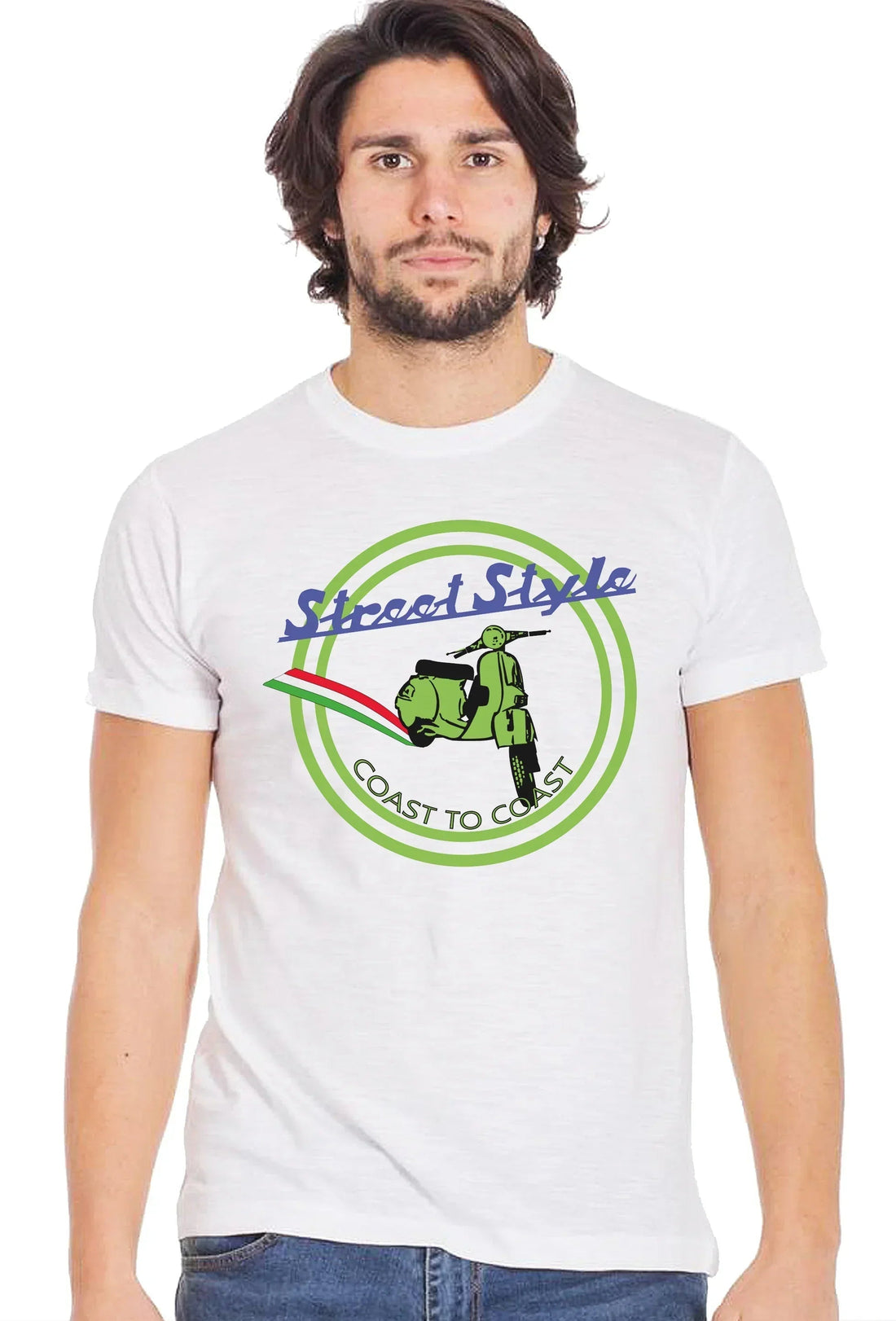 Street Style men's T-shirt featuring Vespa scooter design with green accents, made of 100% combed cotton, urban style.