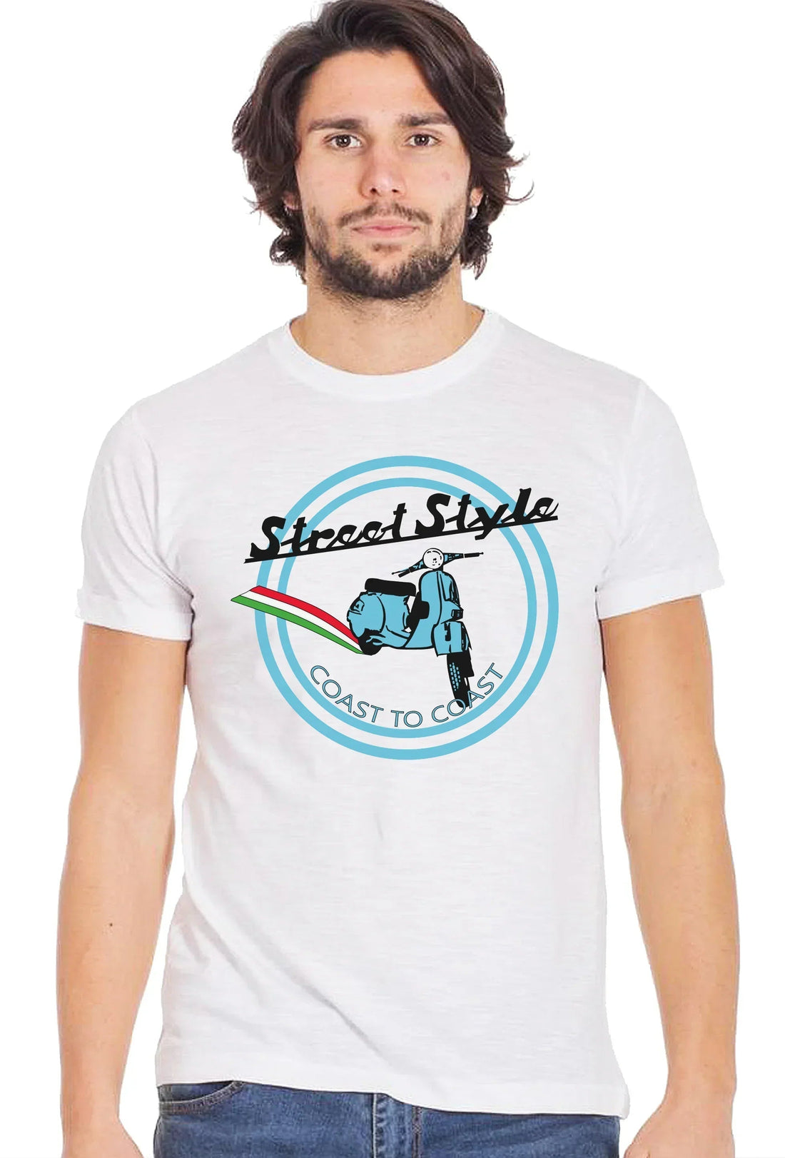 Street Style men's T-shirt featuring Vespa and urban design in blue, 100% cotton, casual streetwear style for men.