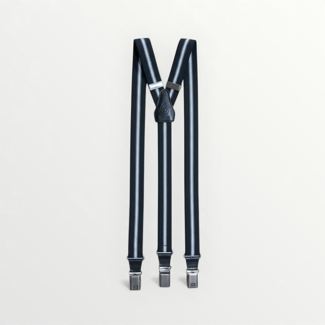 Artisanal striped suspenders by Sbarià, made in Italy, featuring stretch fabric and classic design for stylish wear.