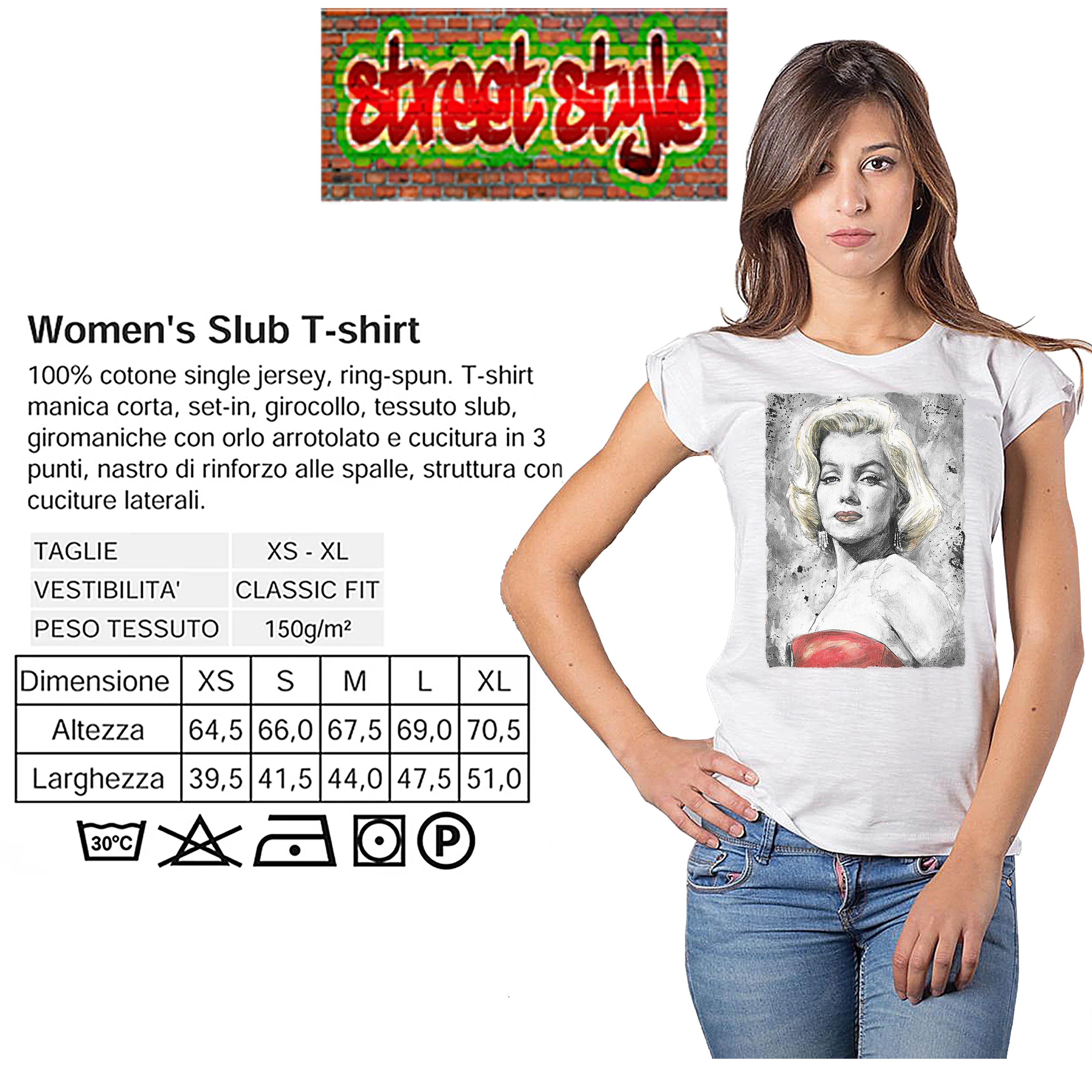 Urban Slub Cotone Bio Marilyn Monroe Donna T-Shirt by STREET STYLE, featuring a stylish graphic of Marilyn Monroe on soft cotton.