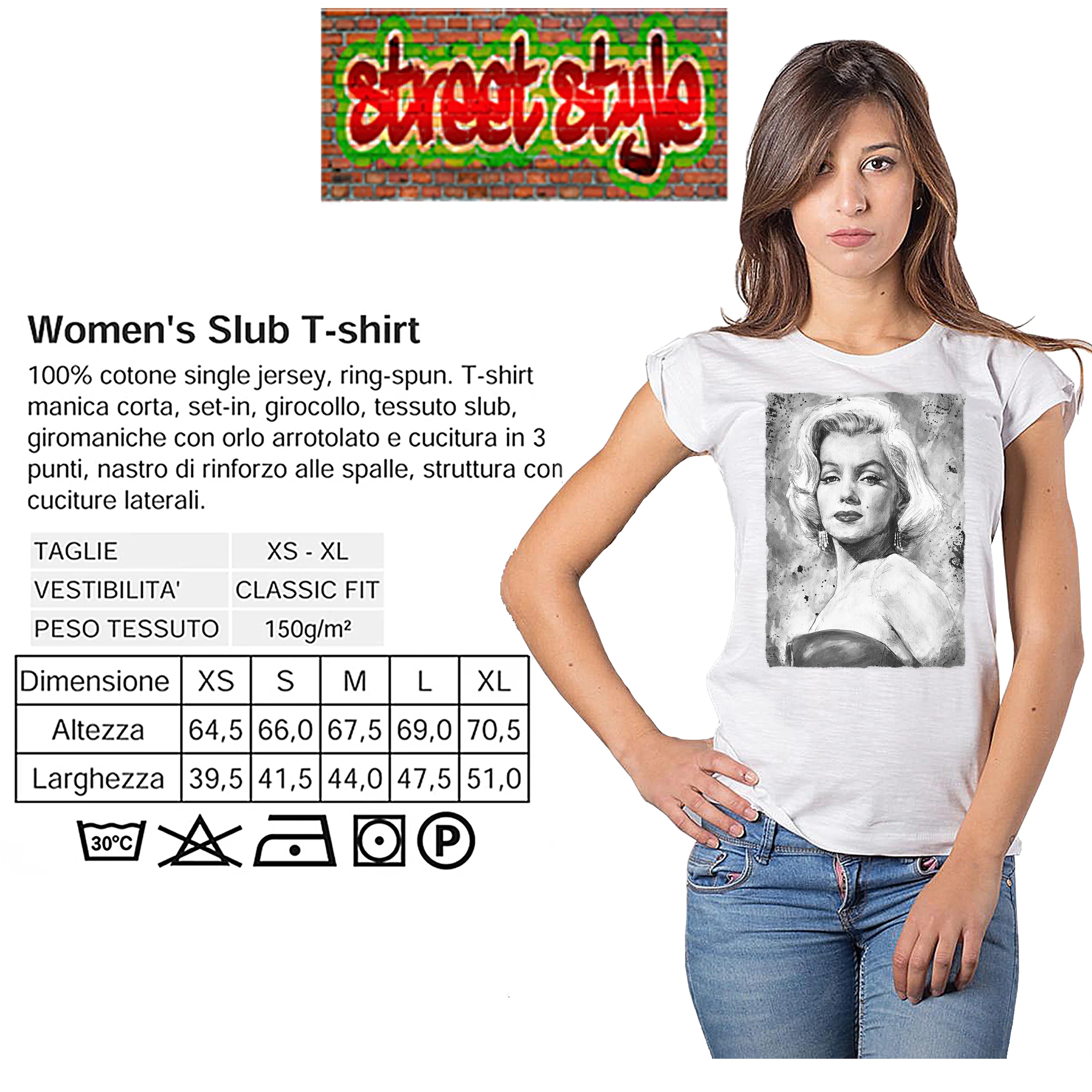 Marilyn Monroe t-shirt for women by STREET STYLE, featuring a bio cotton urban slub fabric with a Marilyn Monroe graphic print.
