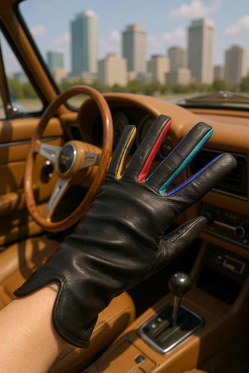 Black leather nappa fingerless gloves by Sbarià, featuring a stylish arlecchino design and soft, high-quality leather material.