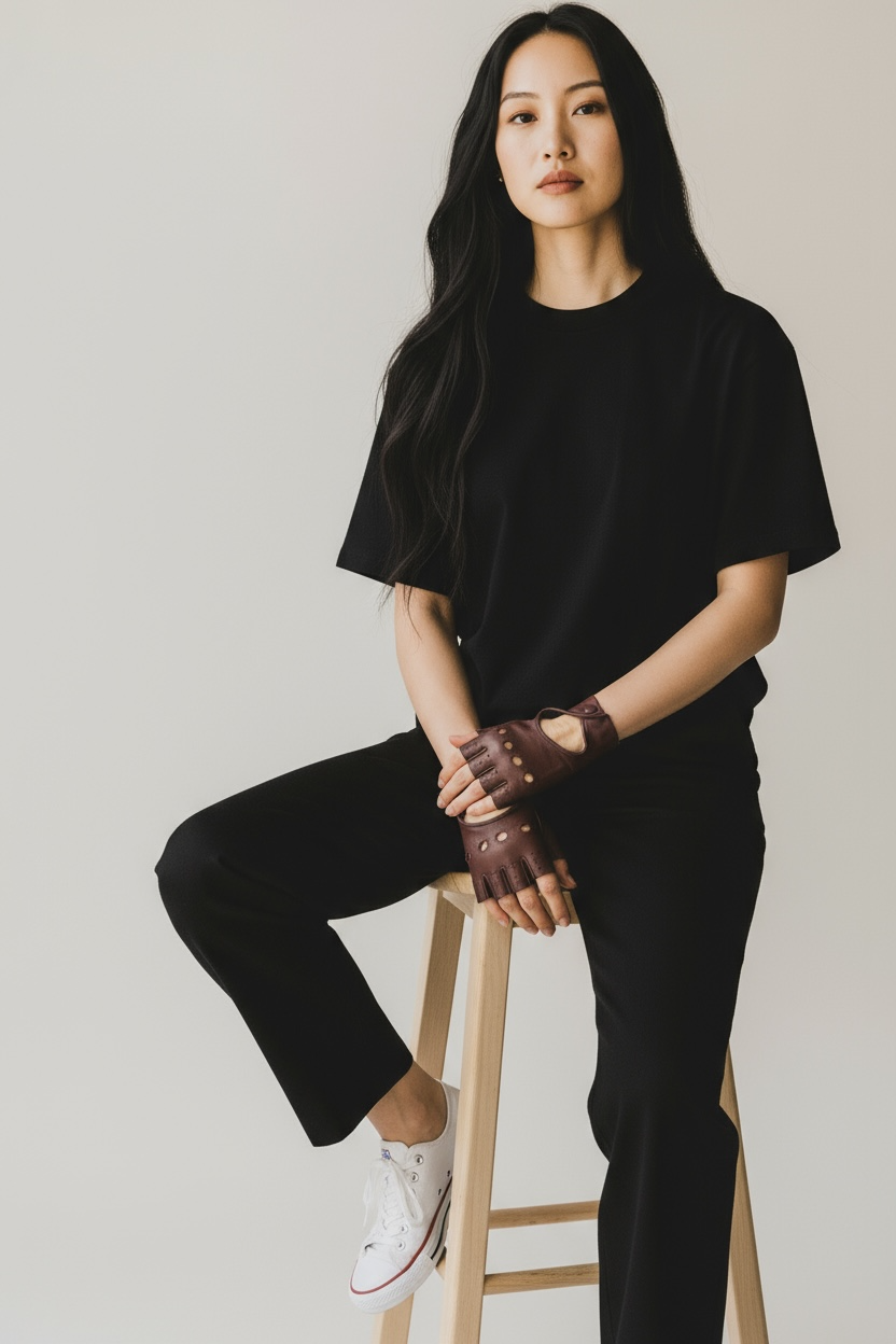 Sbarià leather nappa half-finger gloves with unlined design, showing smooth texture and stylish fit on the hand.