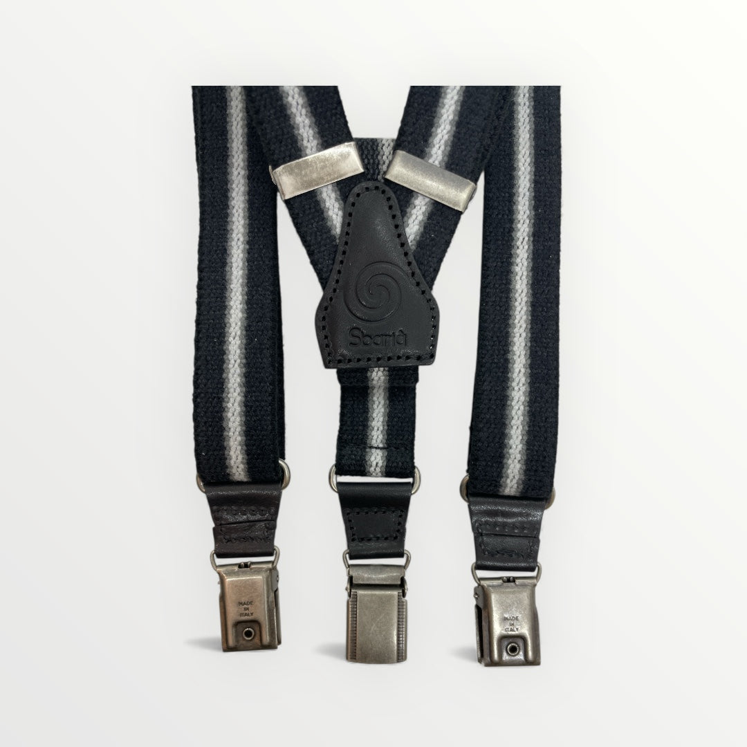 Artisanal striped suspenders by Sbarià, made in Italy, featuring stretchy fabric and classic design for a stylish, functional accessory.