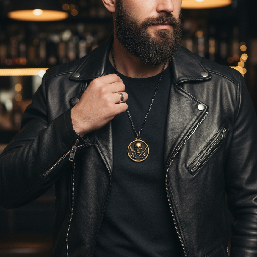 Silver and bronze pirate-themed necklace from BDG Accessories featuring black sails design and intricate nautical details.