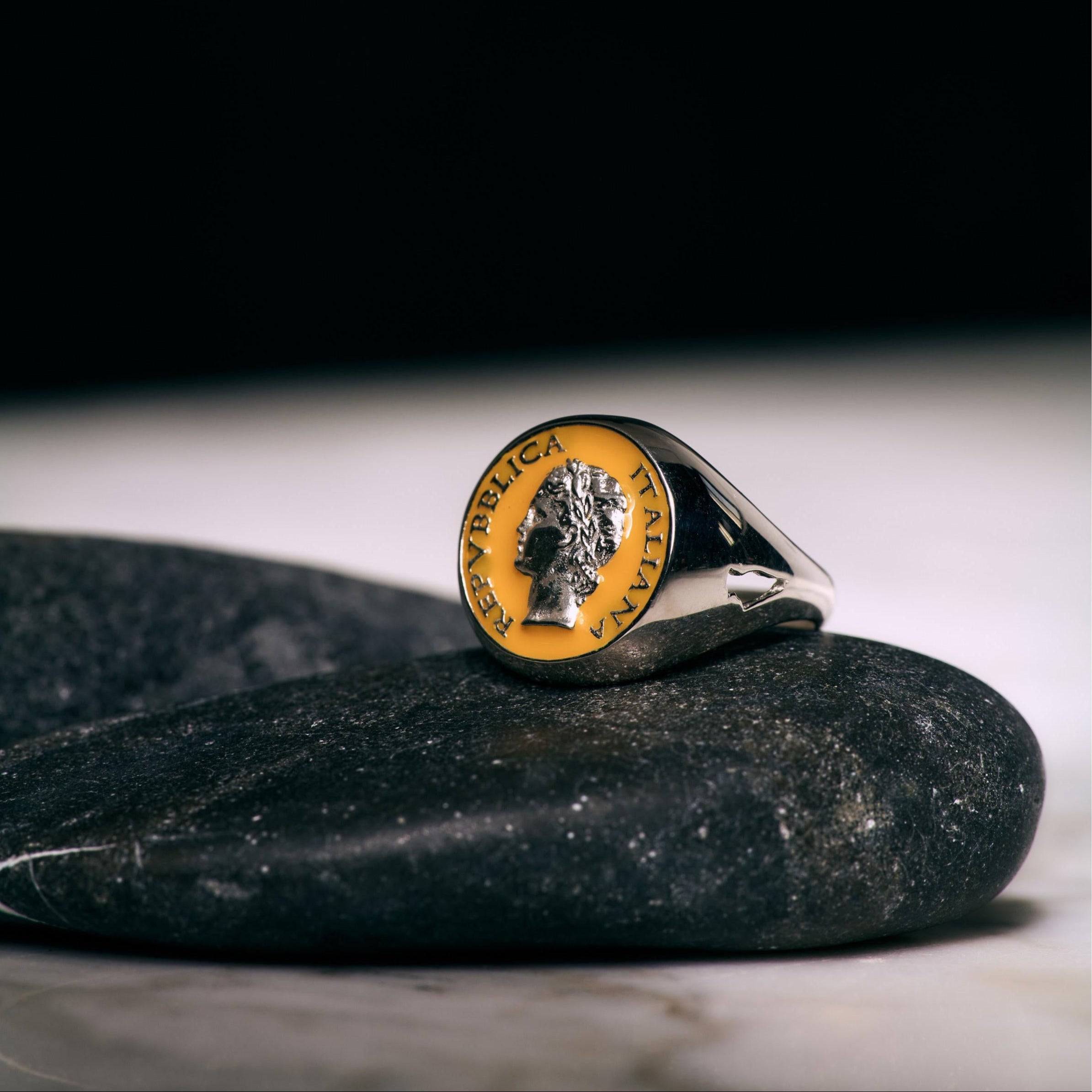 Silver Anello Chevalier ring by BDG Accessories with colorful enamel accents, vintage 1950s Dolce Vita style.