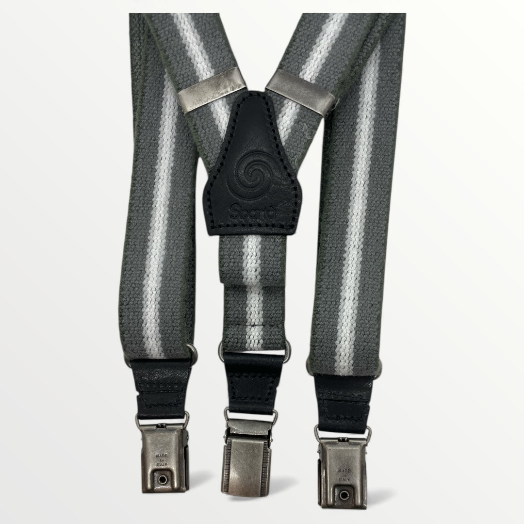 Sbarià artisanal striped suspenders with stretchy fabric, made in Italy, featuring bold horizontal ribbing and adjustable straps.