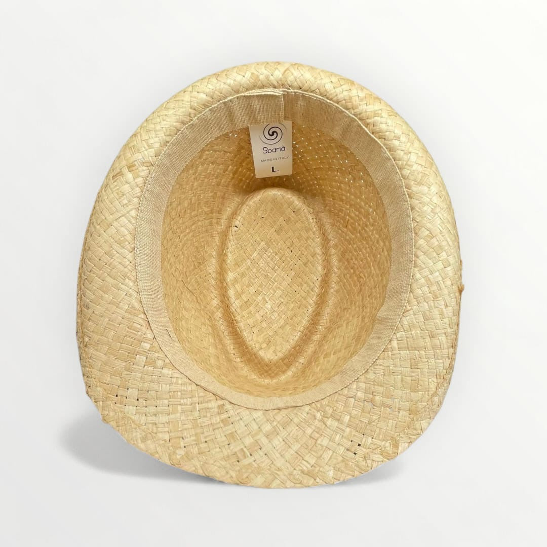 Sbarià raffia trilby hat with gros grain cotton band, stylish sun hat with a wide brim and elegant design.
