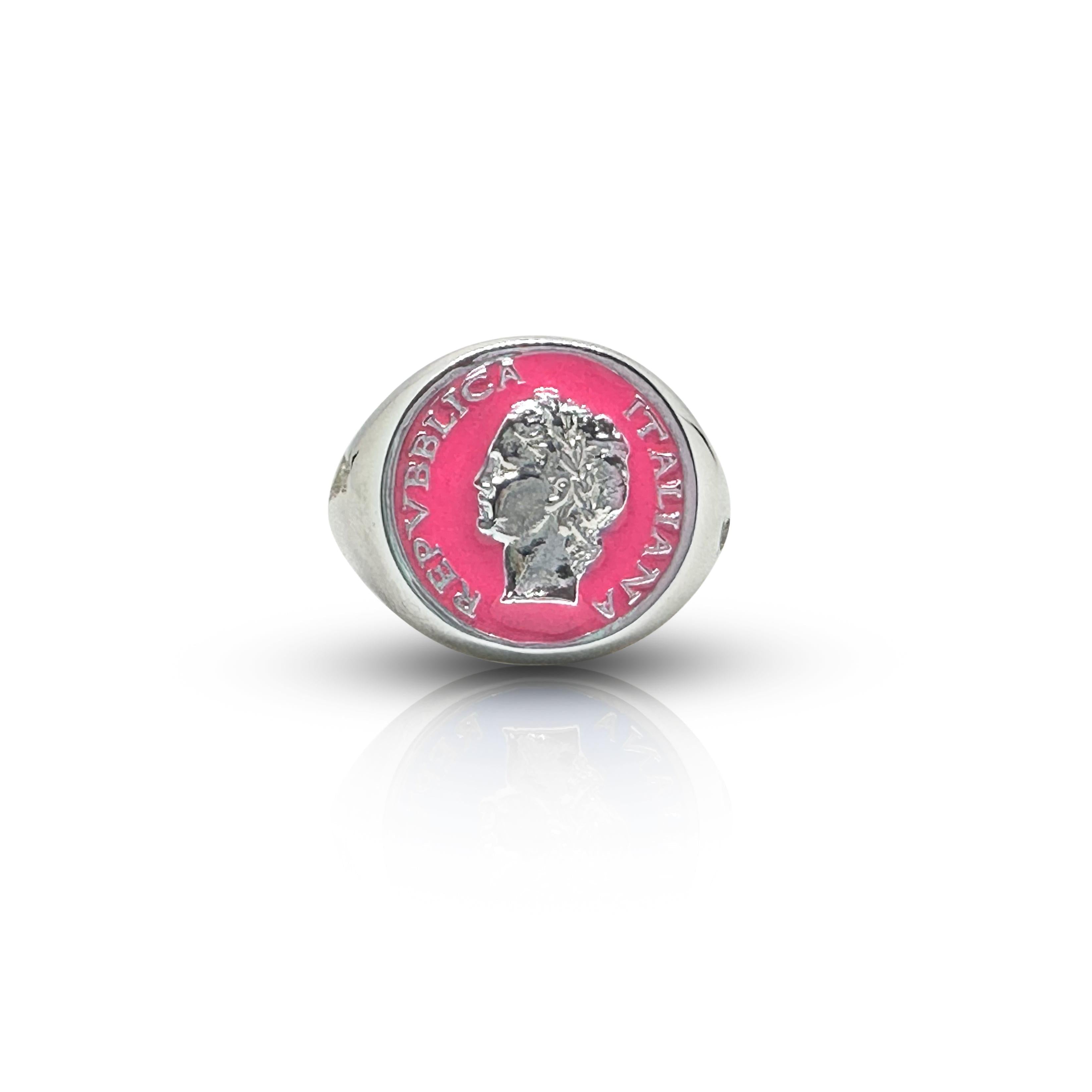 Silver Anello Chevalier ring with colorful enamel design inspired by 1950s vintage style, by BDG Accessories.