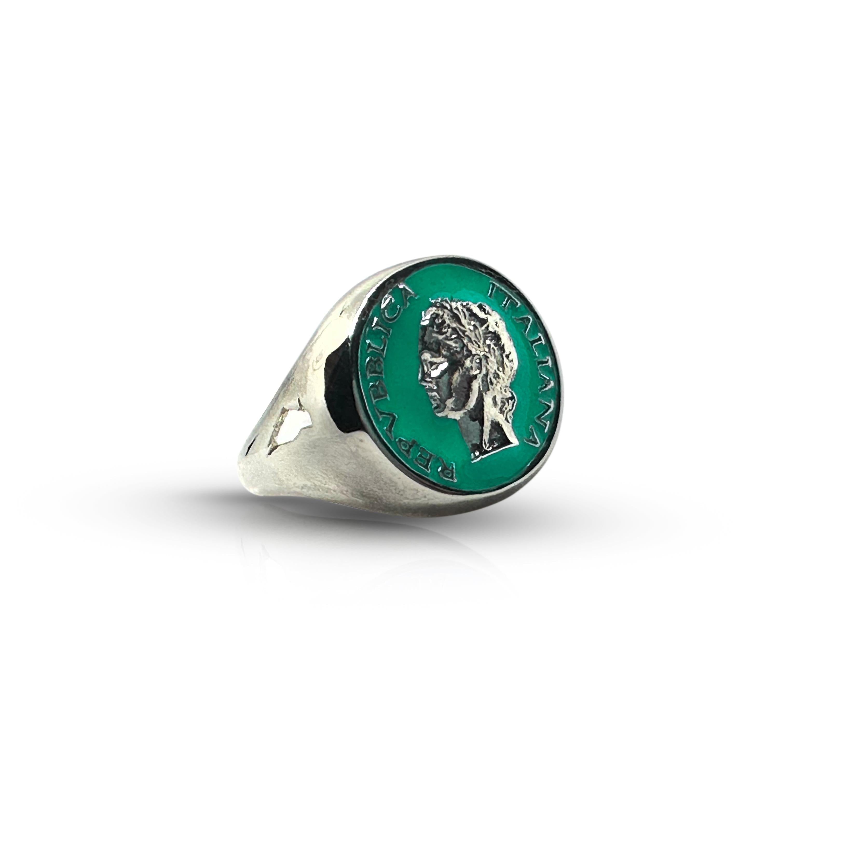 Vintage Anello Chevalier argento con smalto Dolce Vita anni 50, BDG Accessories, elegant statement ring with colorful enamel.