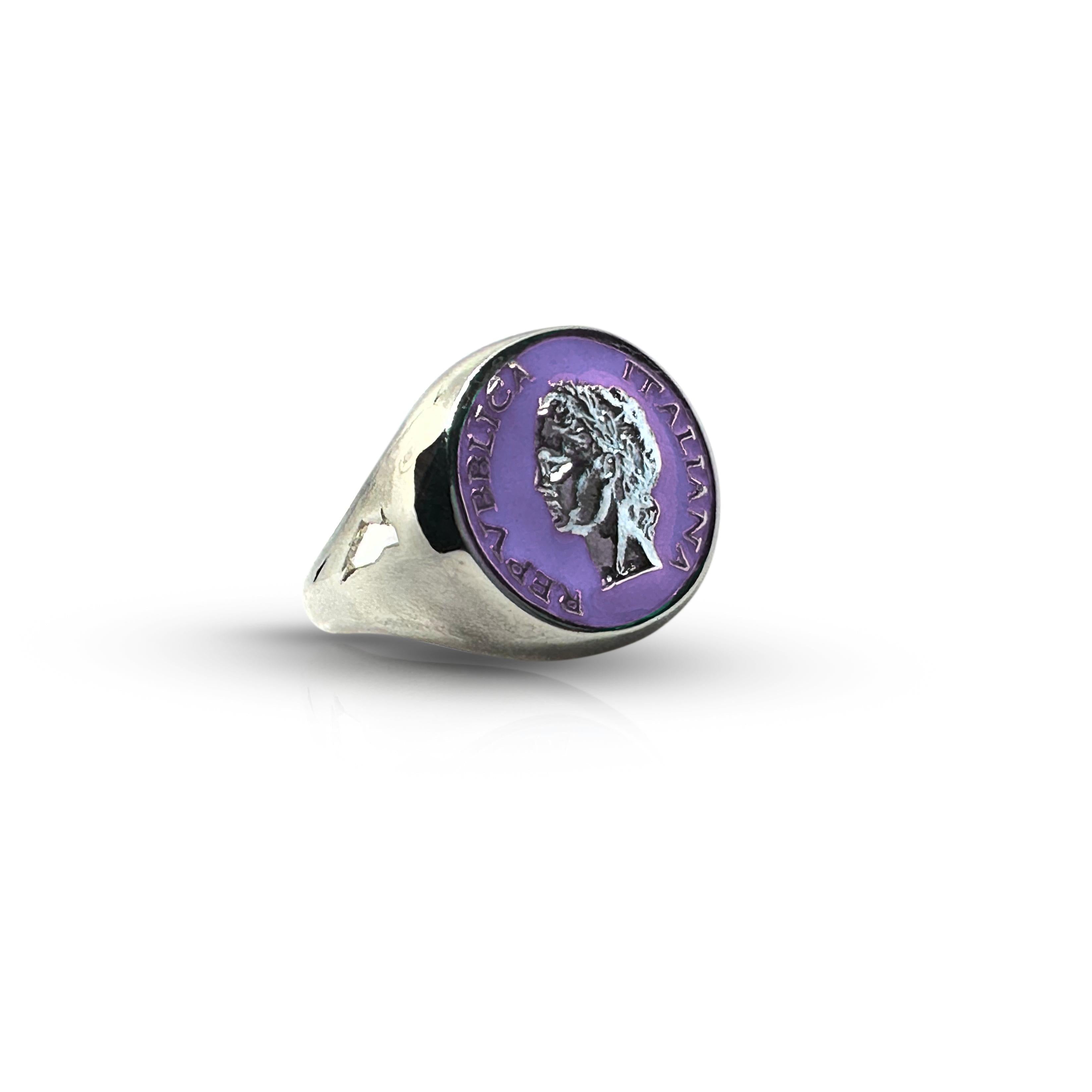 Silver Anello Chevalier ring with colorful enamel accents, vintage 1950s style from BDG Accessories.