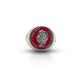 Silver Anello Chevalier ring with red enamel, vintage Dolce Vita 1950s style, by BDG Accessories, shown from the front.