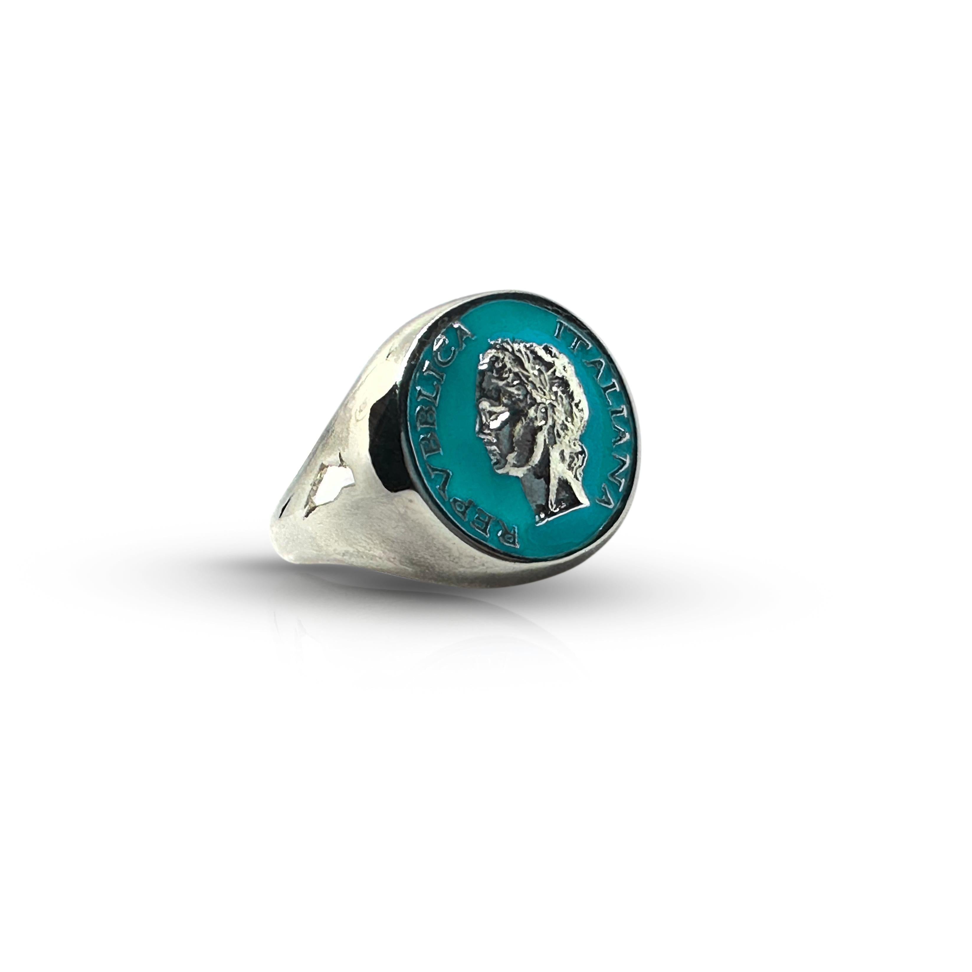 Silver Anello Chevalier ring with colorful enamel detailing from BDG Accessories, vintage 50s Dolce Vita style, front view.