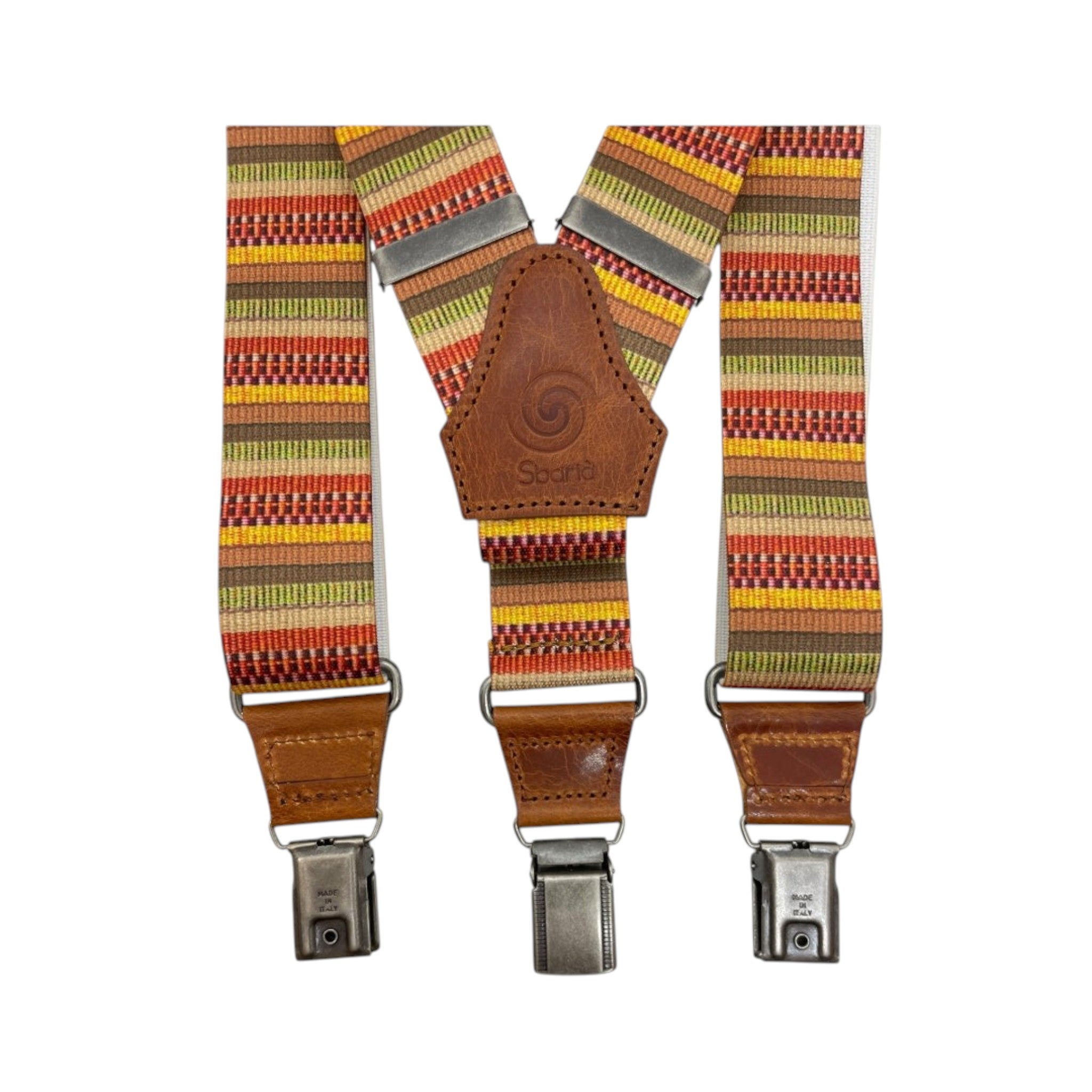 Artisanal Italian Bretella Messico suspenders by Sbarià, featuring fabric straps and metal adjusters, on a plain background.