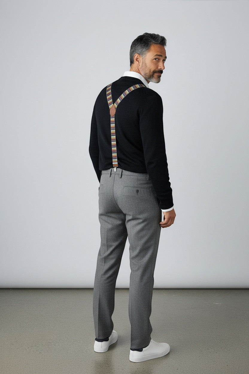Artisanal Italian Sbarià Bretella Messico adjustable suspenders with leather accents and metal clips, displayed on a neutral background.