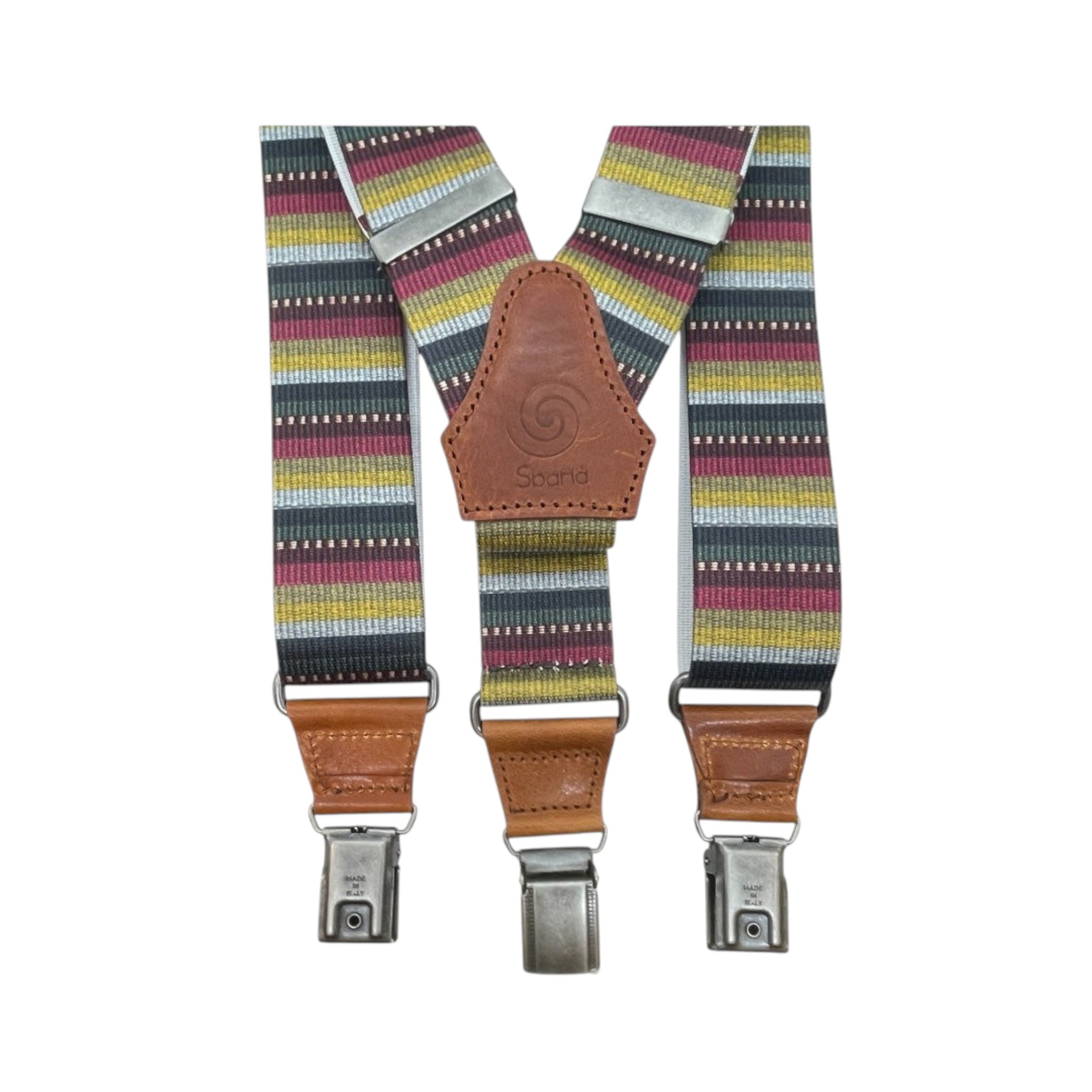 Artisanal Italian Sbarià Bretella Messico suspenders with leather accents and adjustable straps, displayed on a neutral background.