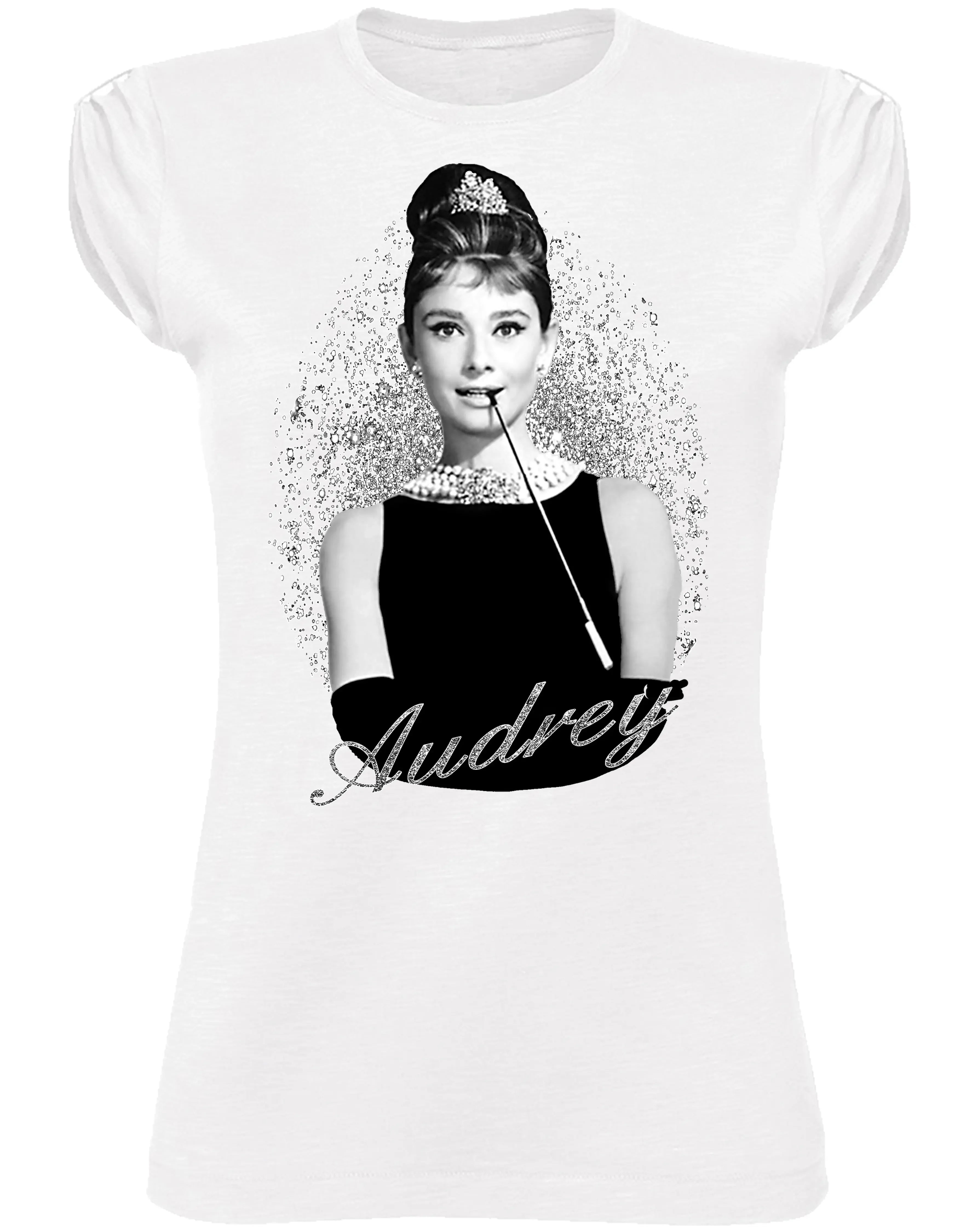 Cotton Donna T-shirt featuring Audrey Hepburn cinema portrait, stylish urban design by STREET STYLE, eco-friendly 100% organic cotton.