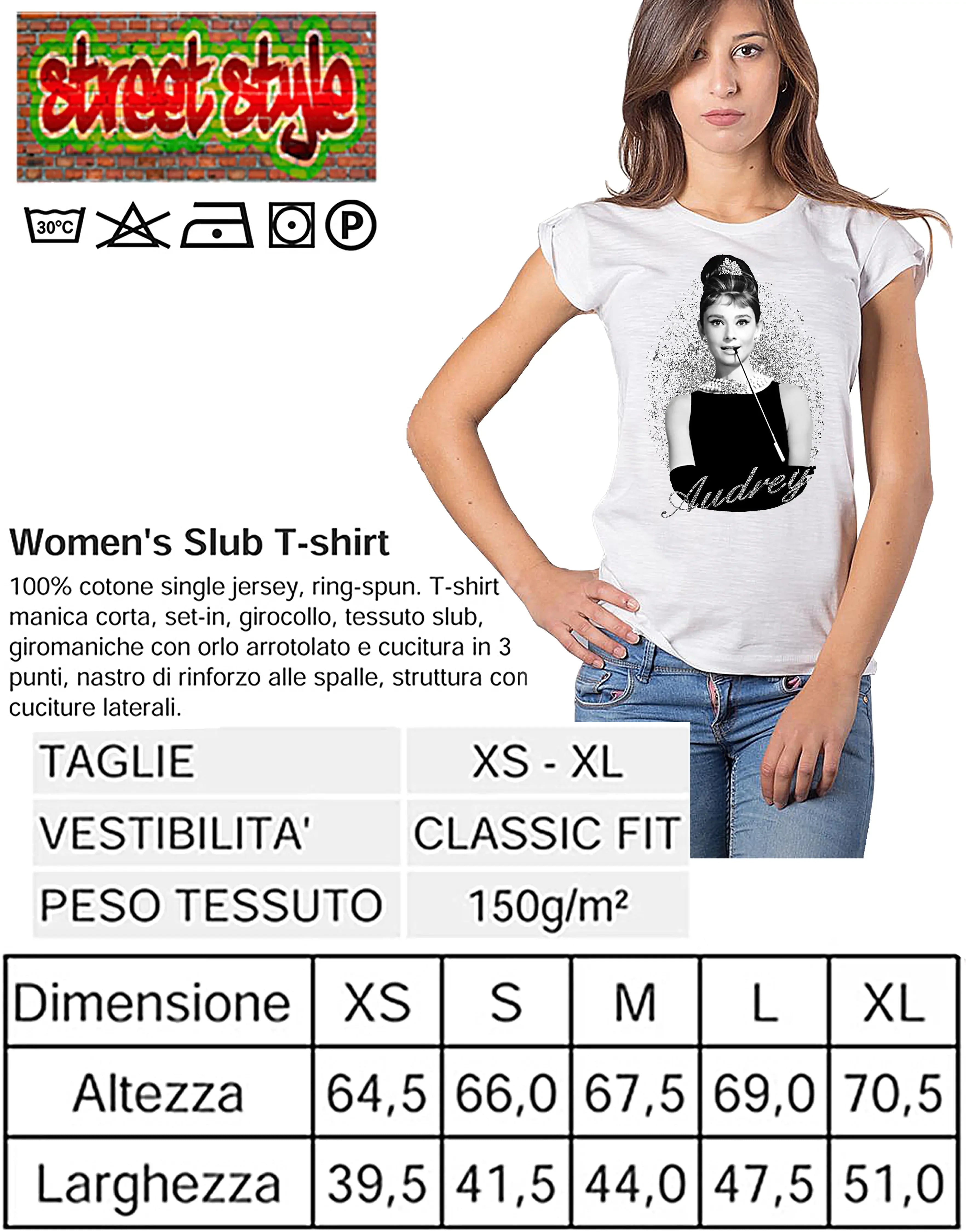 Cotton Donna T-shirt featuring Audrey Hepburn portrait, casual street style design, by STREET STYLE brand.