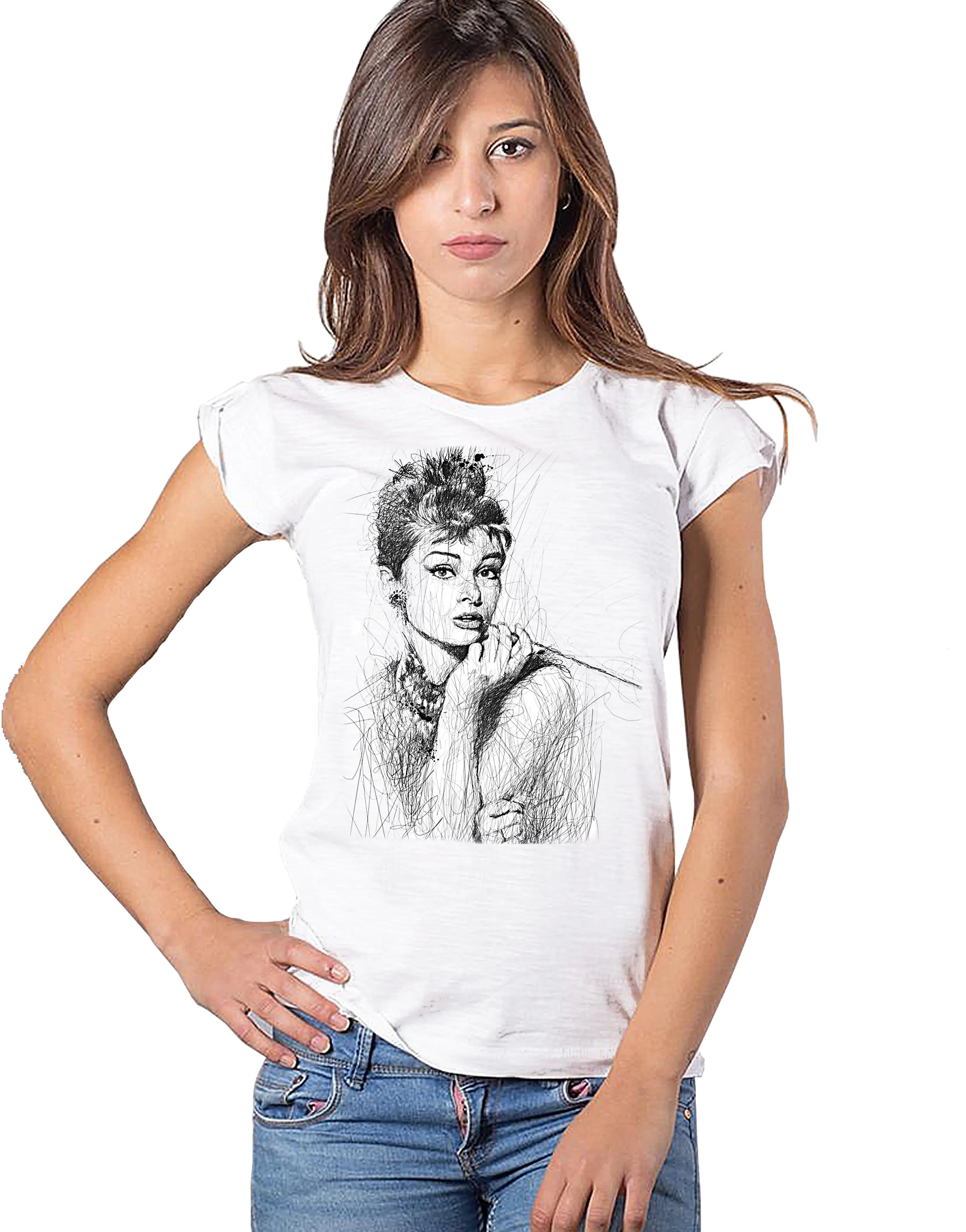 Stylized Audrey Hepburn T-shirt for women by STREET STYLE featuring a cinema-inspired design on soft cotton fabric.