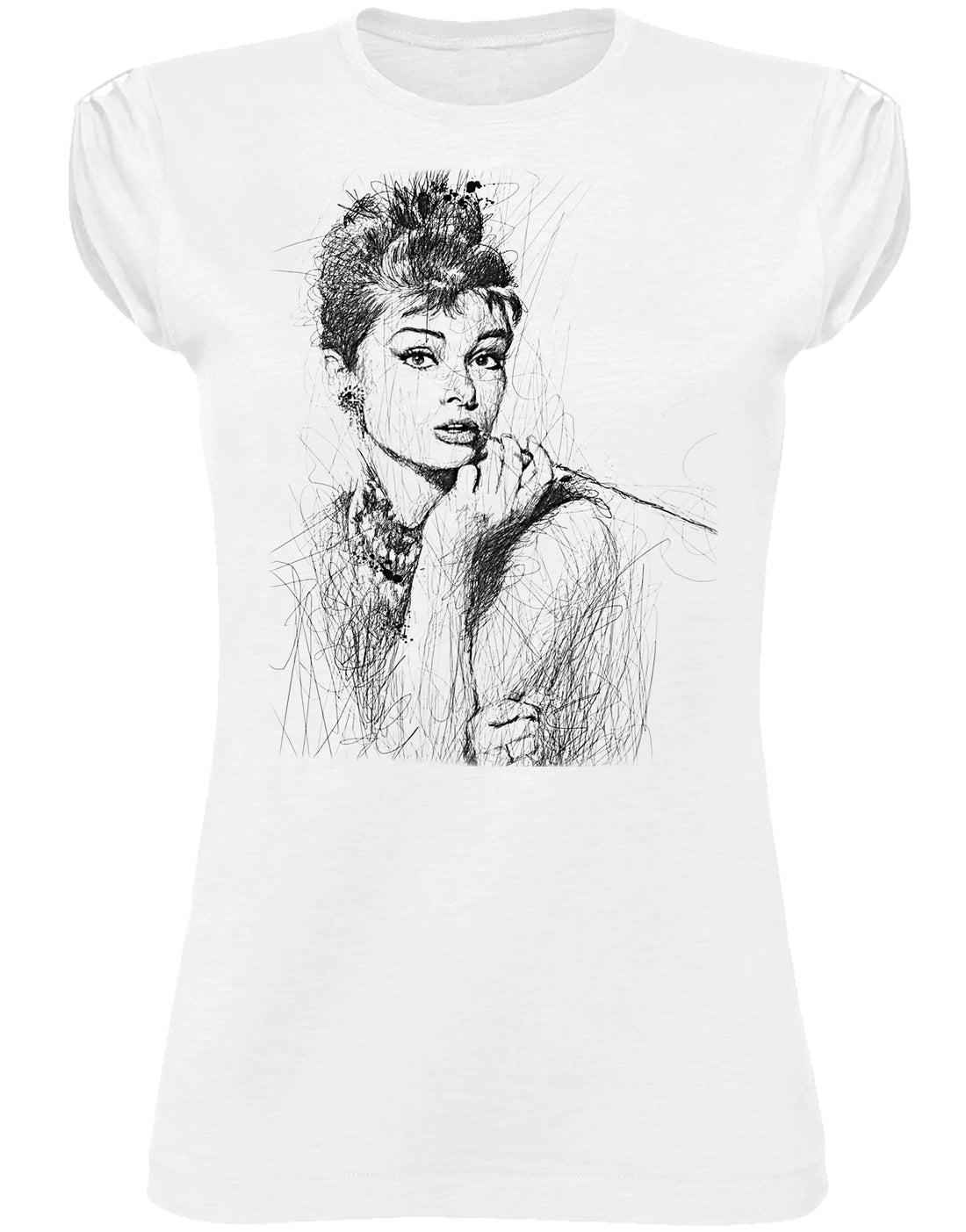 Stylized Audrey Hepburn T-shirt for women by STREET STYLE featuring iconic cinema legend imagery in urban fashion style.