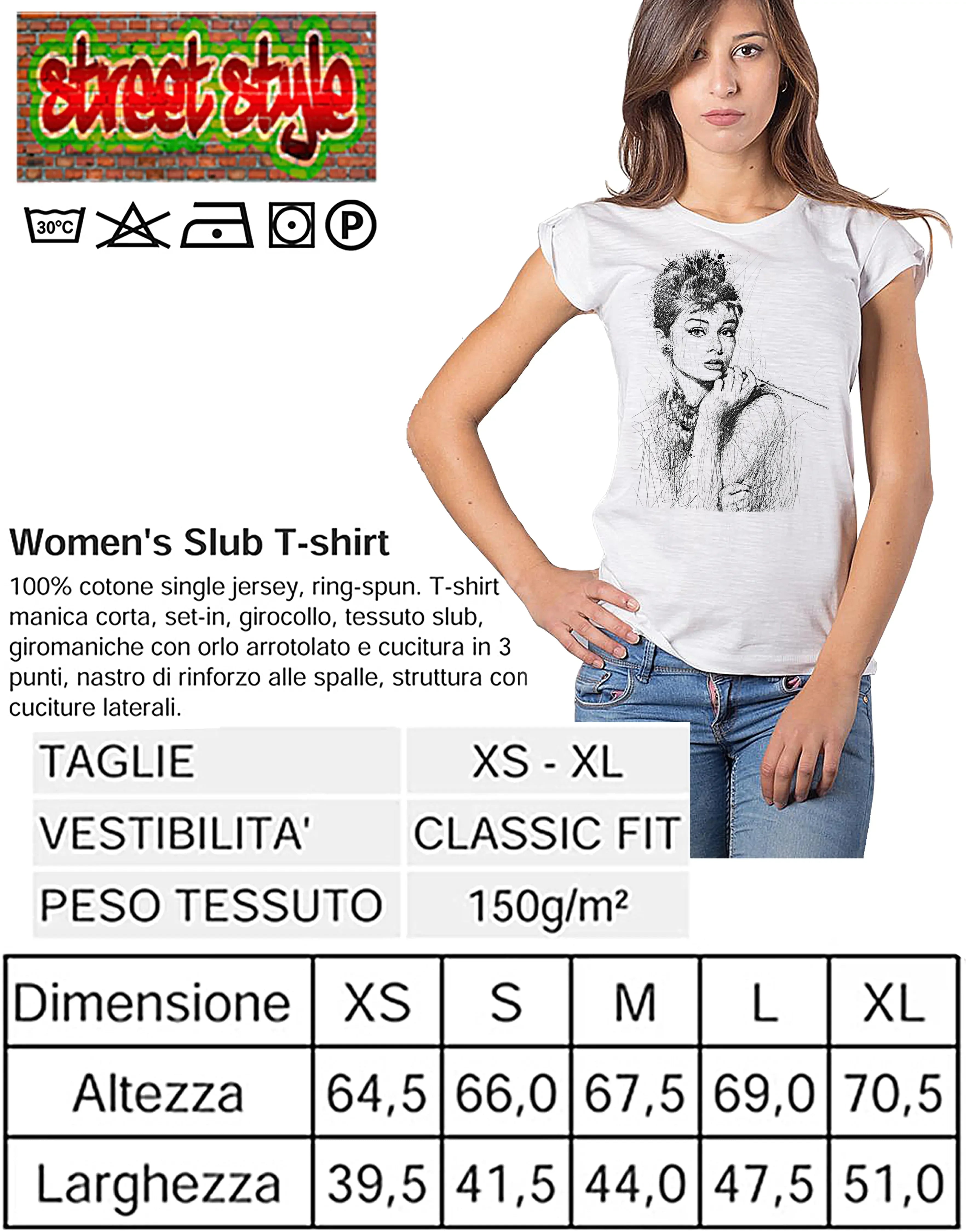 Stylized Audrey Hepburn Donna T-shirt by STREET STYLE featuring urban cinema-inspired design on 100% cotton fabric.