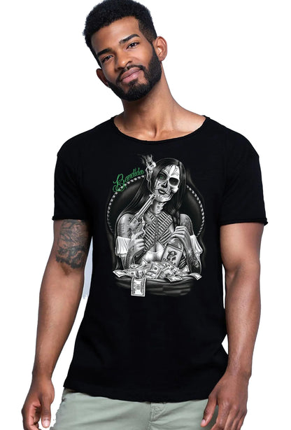 Street Style Bandida Gonzales tattoo skull T-shirt for men, cotton urban design featuring a bold skull graphic.