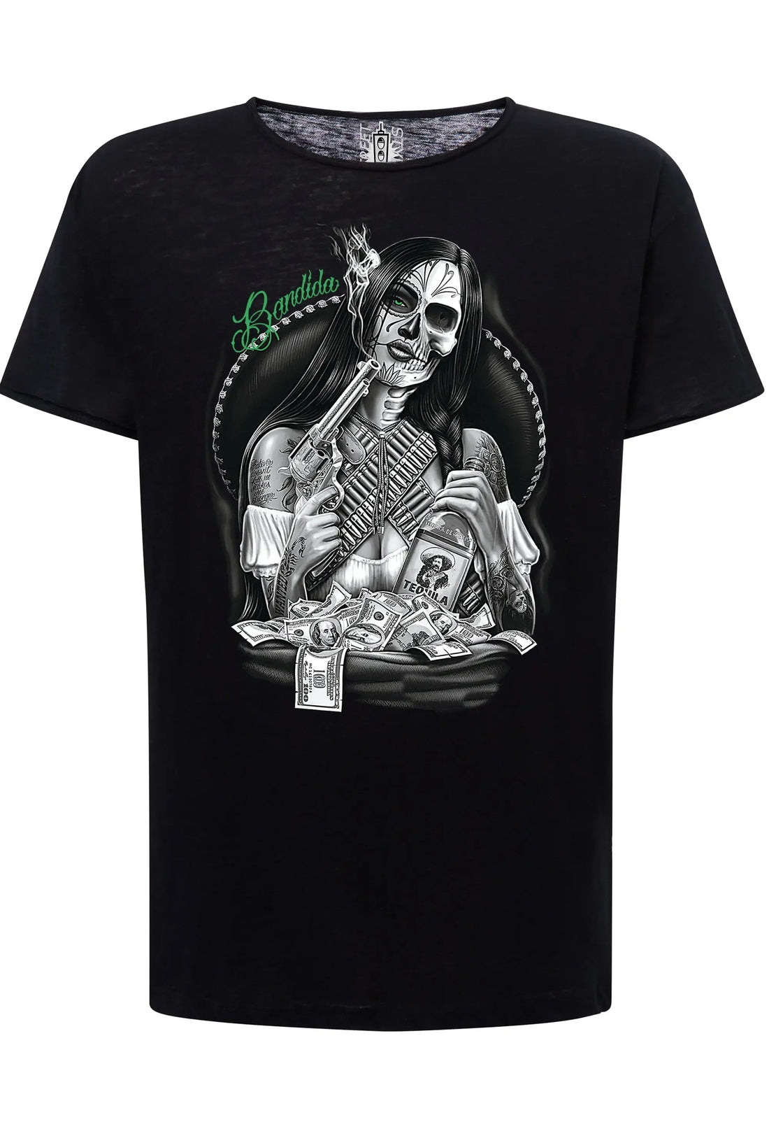 Street Style Bandida Gonzales Tattoo Skull T-shirt for men, featuring a cotton fabric with a bold skull tattoo design.