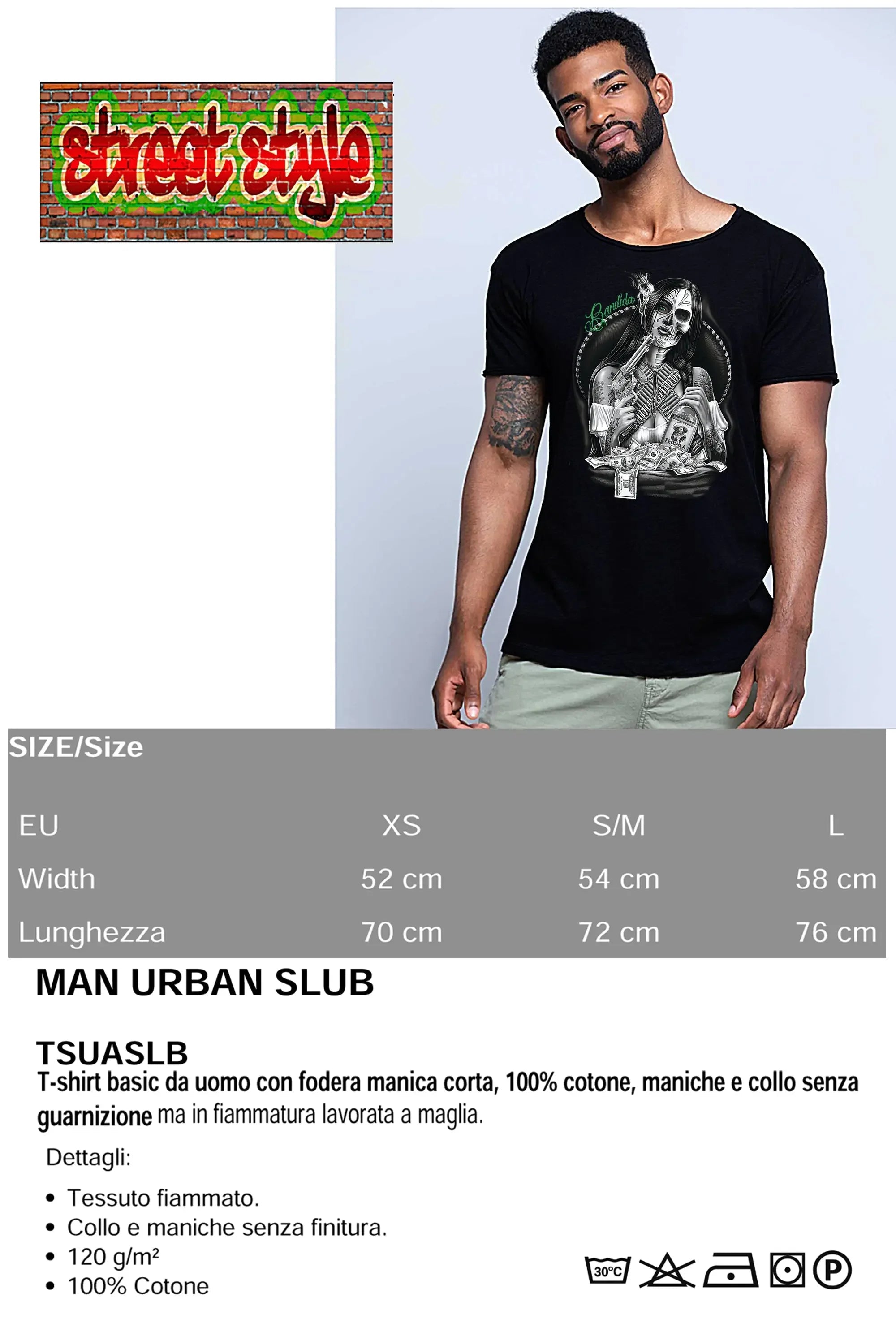 Urban STREET STYLE men's cotton T-shirt featuring Bandida Gonzales tattoo skull design on a casual, comfortable fit.