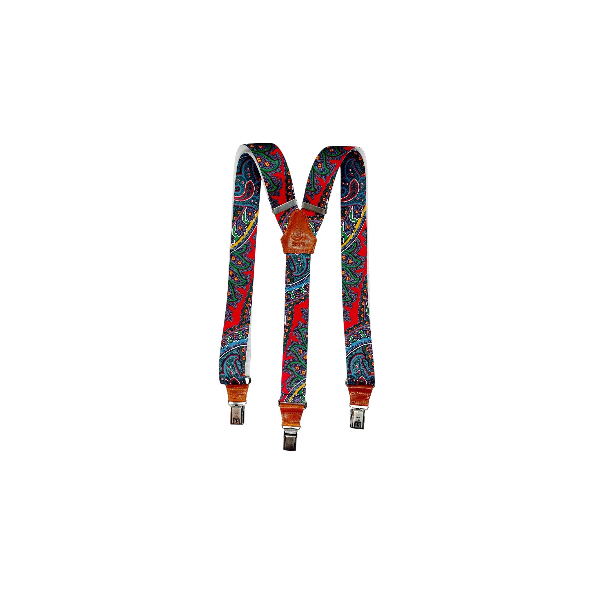 Bretella Paisley artigianale Made in Italy – Sbarià – Fantasia paisley multicolore su fondo rosso, dettaglio in pelle conciata al vegetale