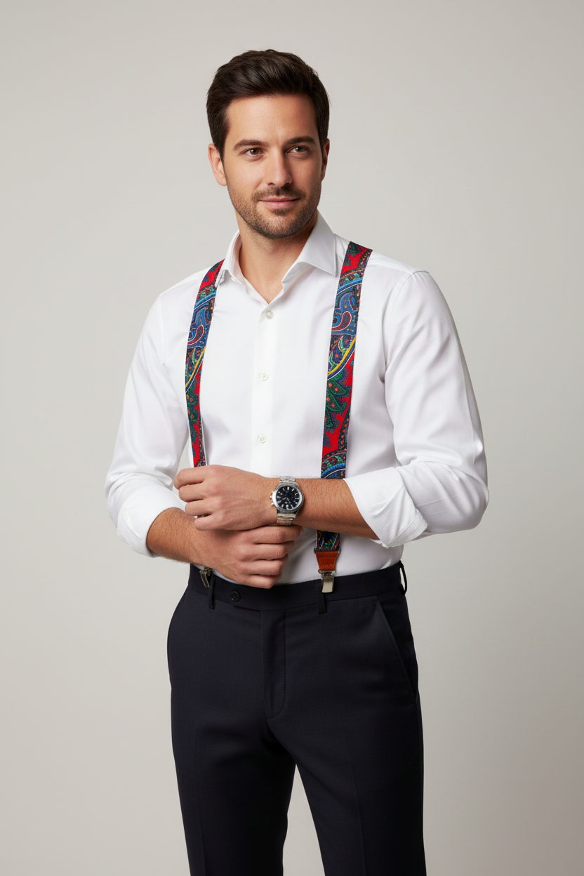 Bretella Paisley artigianale Made in Italy – Sbarià – Modello uomo con camicia bianca