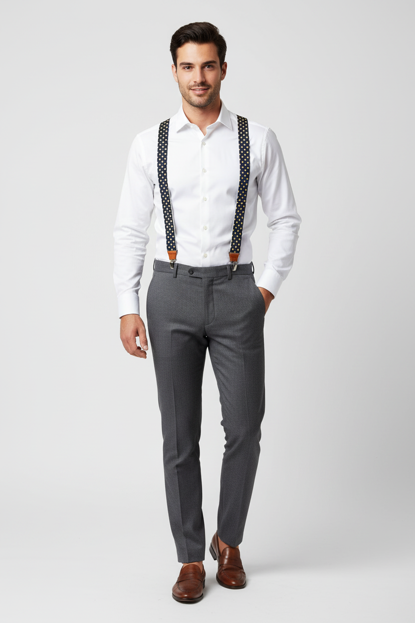 Bretella Pois artigianale Made in Italy – Sbarià – Modello uomo con camicia bianca