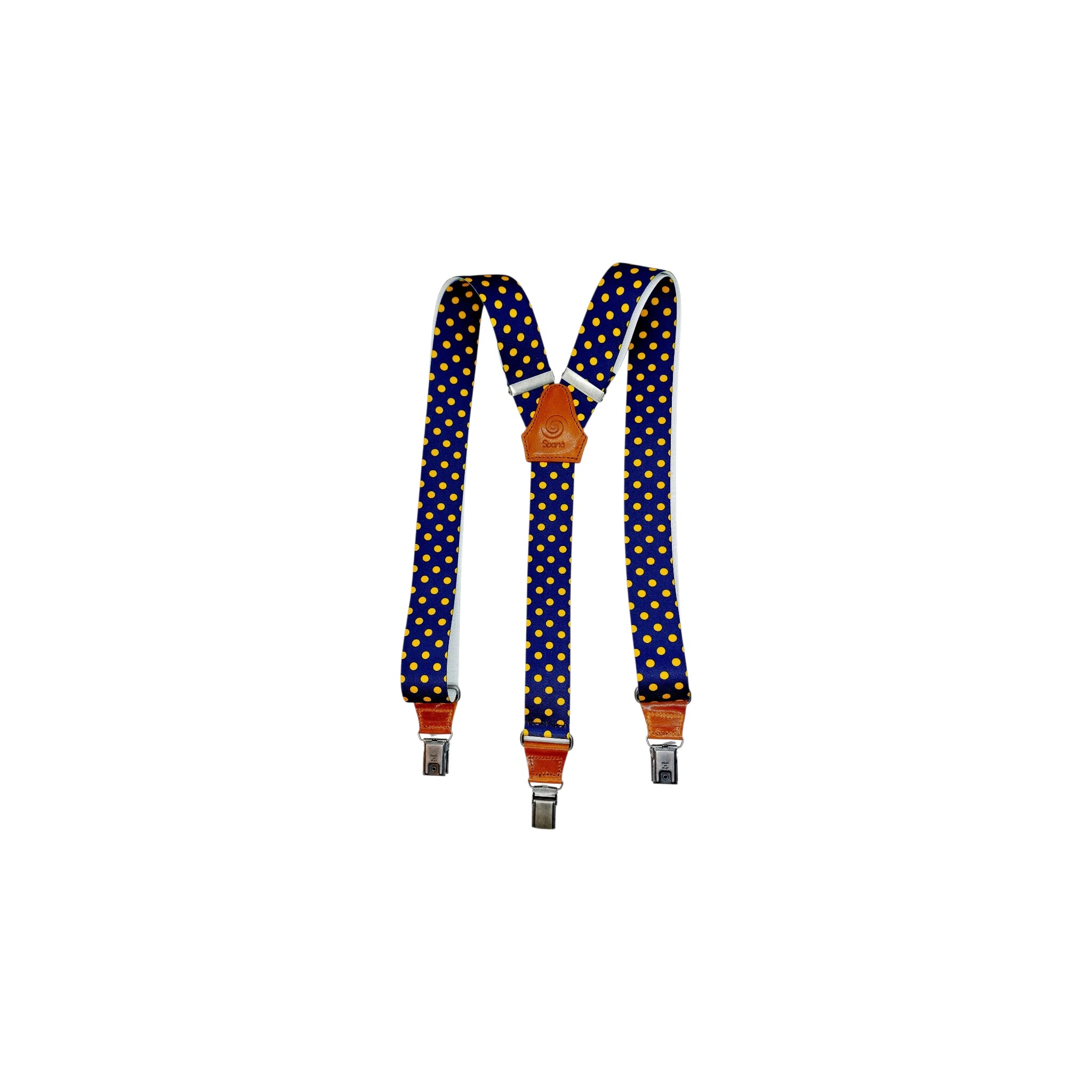 Bretella Pois artigianale Made in Italy – Sbarià – Pois gialli su fondo blu navy, dettaglio in pelle conciata al vegetale