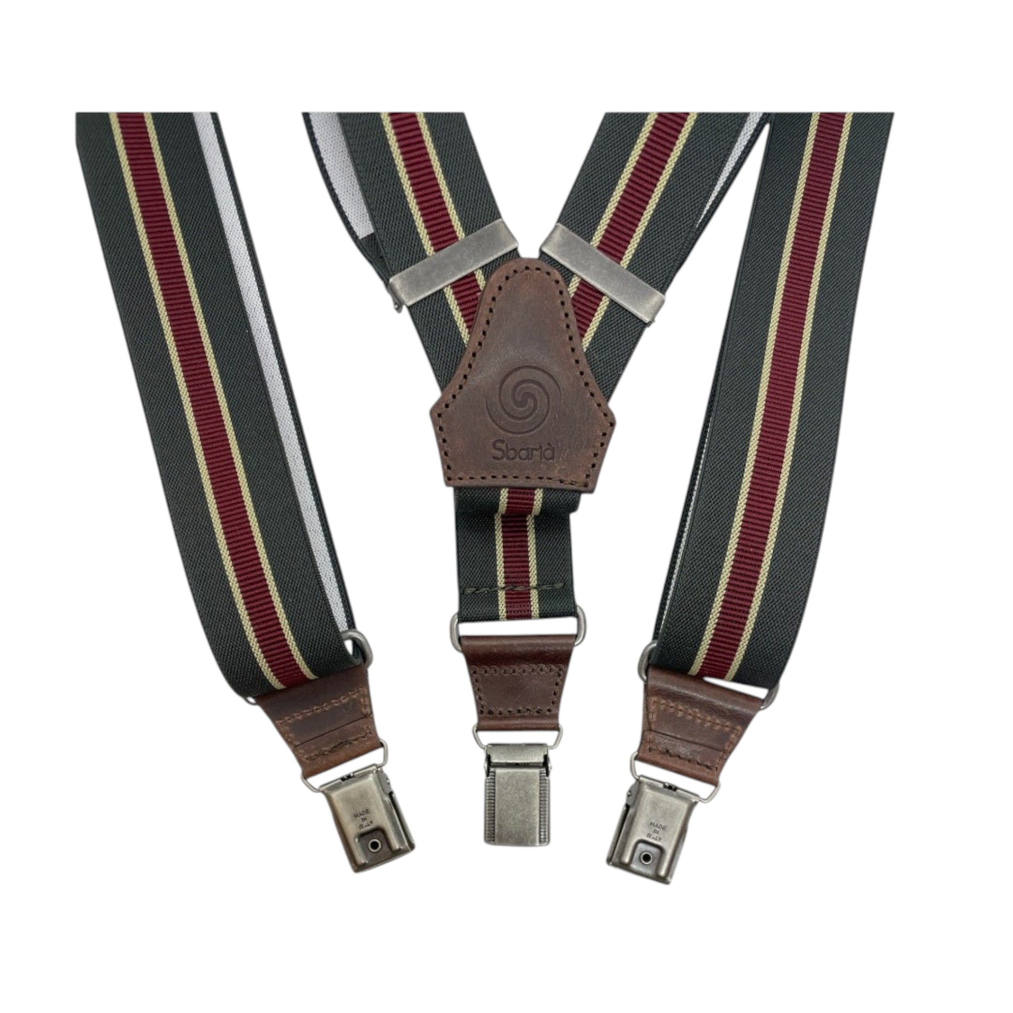 Artigianale made in Italy Sbarià regimental suspenders with classic striped pattern and leather accents.