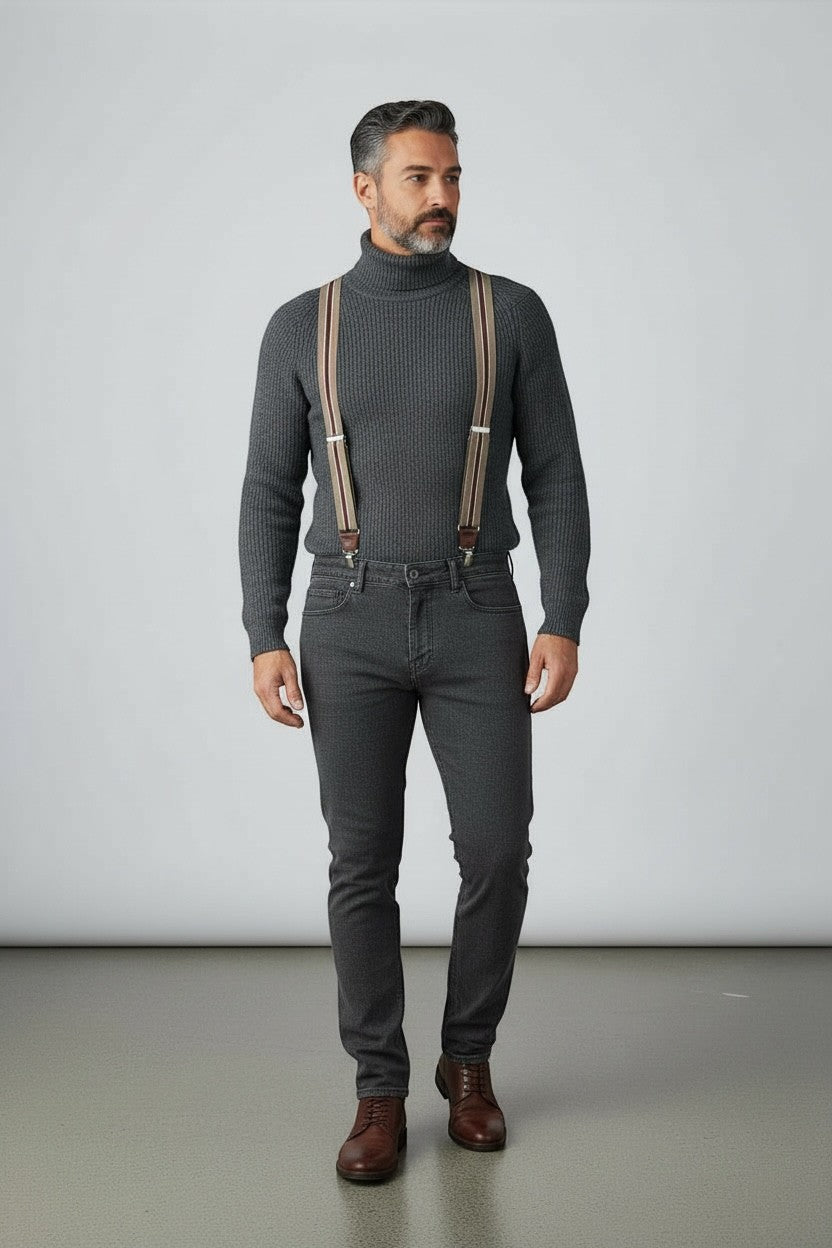 Beige regimental-style suspenders for men by Sbarià, made in Italy, with detailed stitching and adjustable straps.