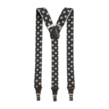 Artigianale Sbarià rombi-style suspenders with leather accents, handcrafted in Italy, featuring detailed woven fabric and adjustable straps.