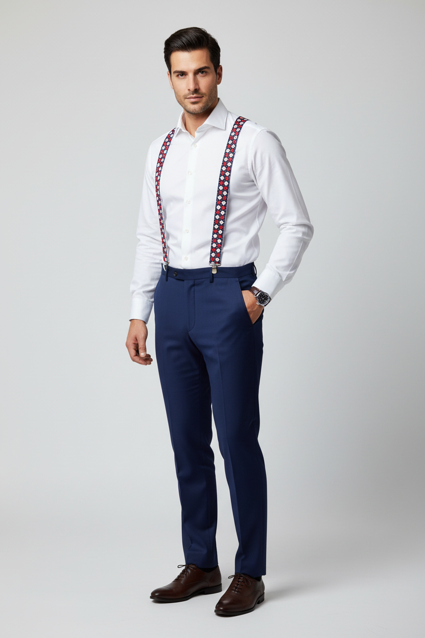 Bretelle a Rombi Argyle artigianali Made in Italy – Sbarià – La vivace, modello uomo con camicia bianca