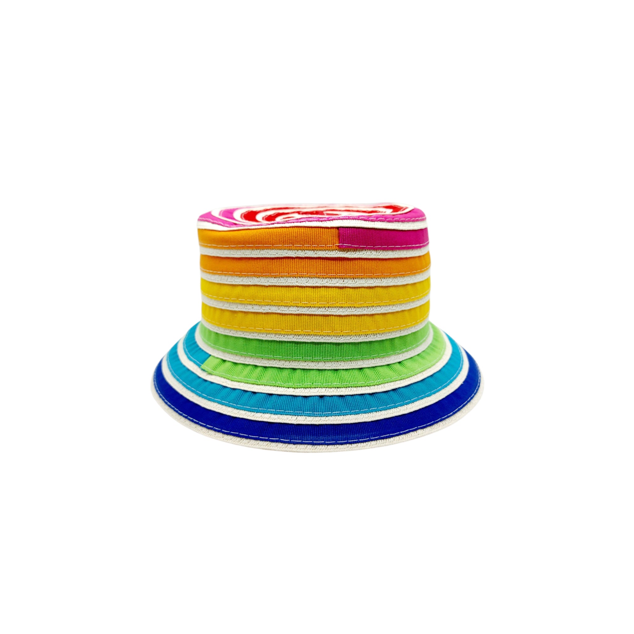 Sbarià bucket hat pescatore with multicolor ribbon and spiral striped pattern, made from artisanal cotton fabric.