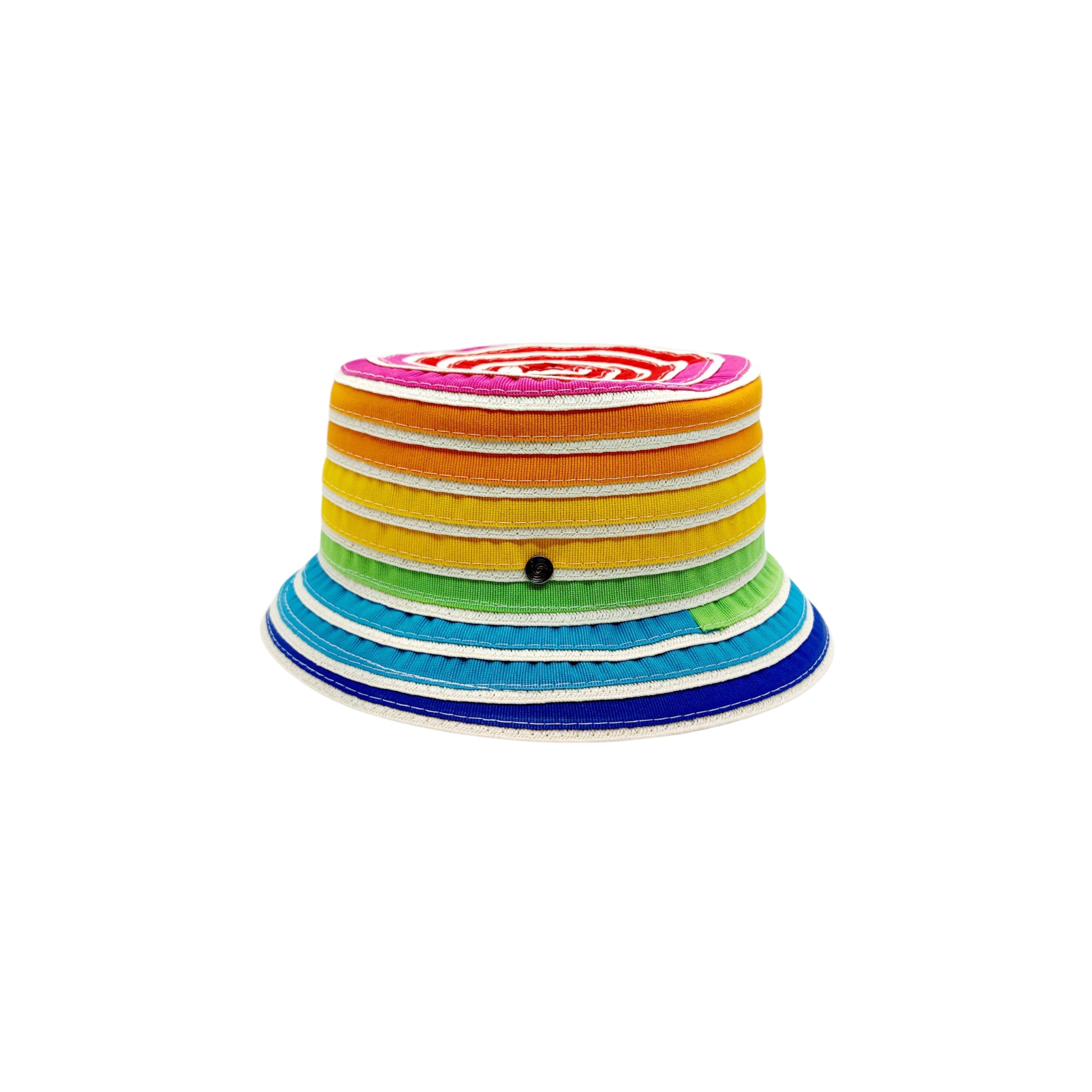 Sbarià multicolor cotton bucket hat with ribbon, metal pin, and wide brim, shown from the right side view.