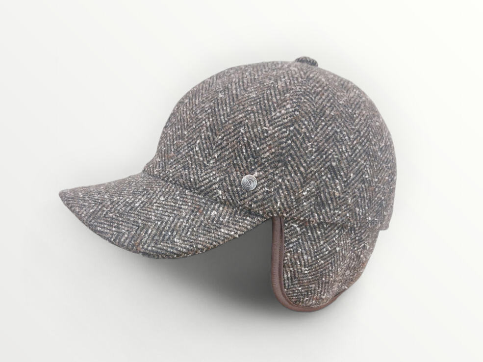 Sbarià brown herringbone wool baseball cap with ear covers, stylish berretto with a classic design and cozy warmth.