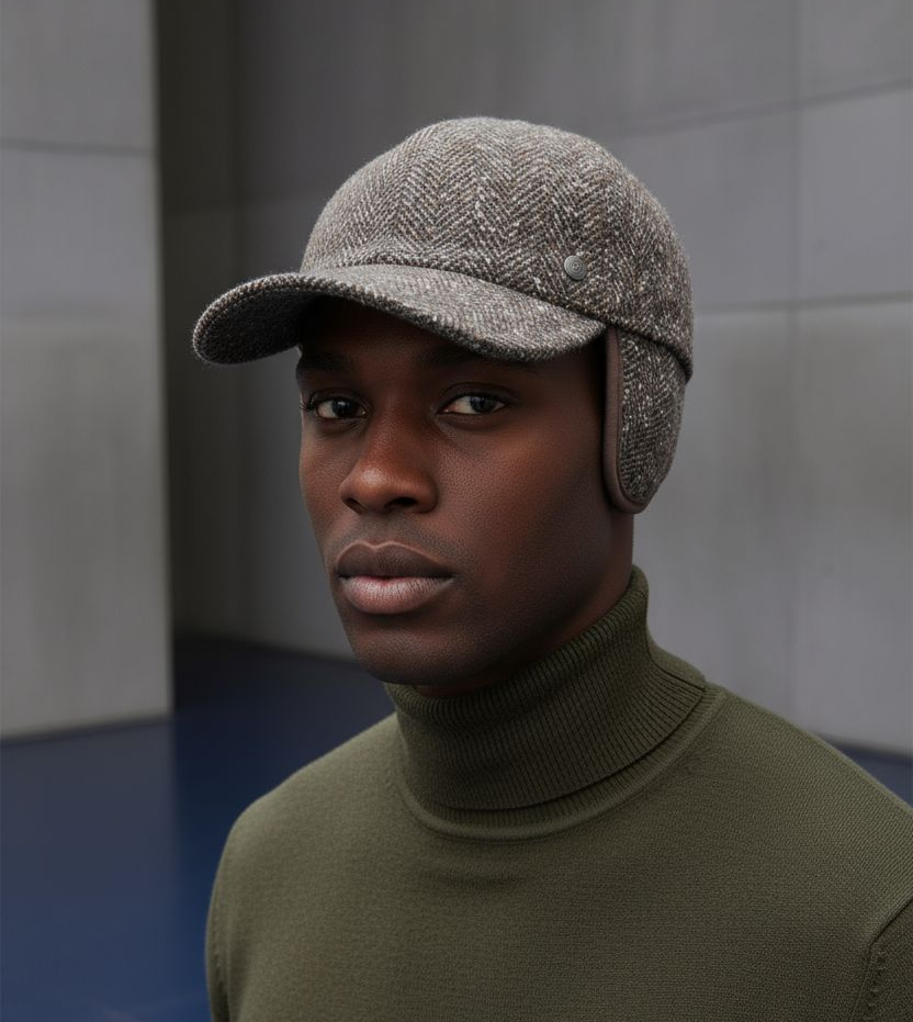 Cappello Baseball in lana spina di pesce marrone con copri orecchie