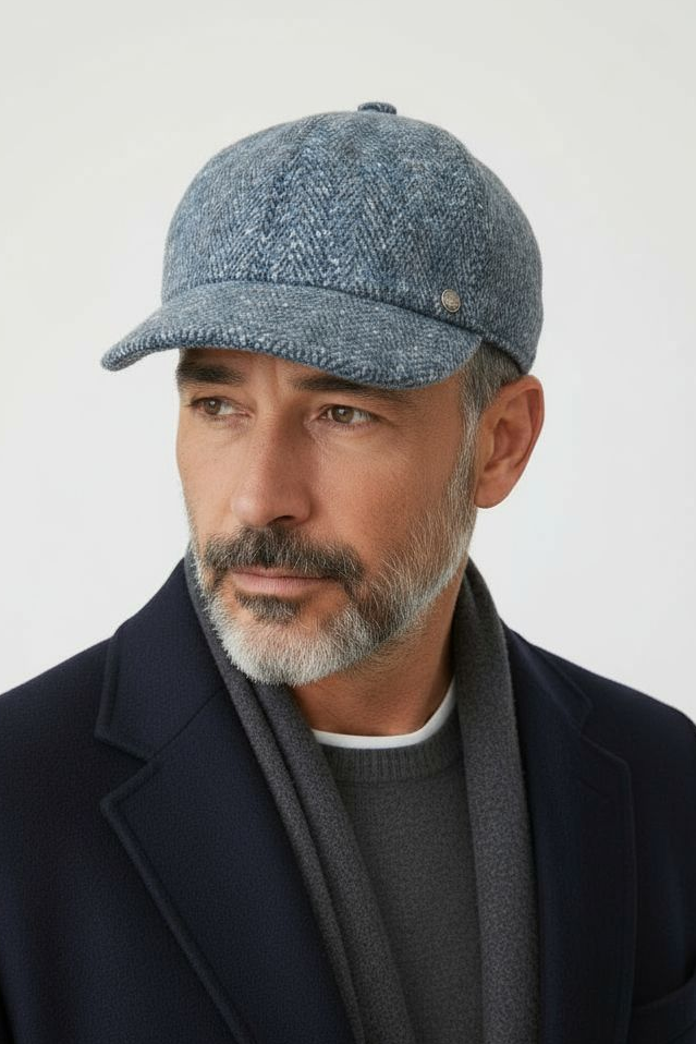 Blue Sbarià baseball cap made of fishbone pattern wool, featuring a classic berretto style with a casual and stylish look.