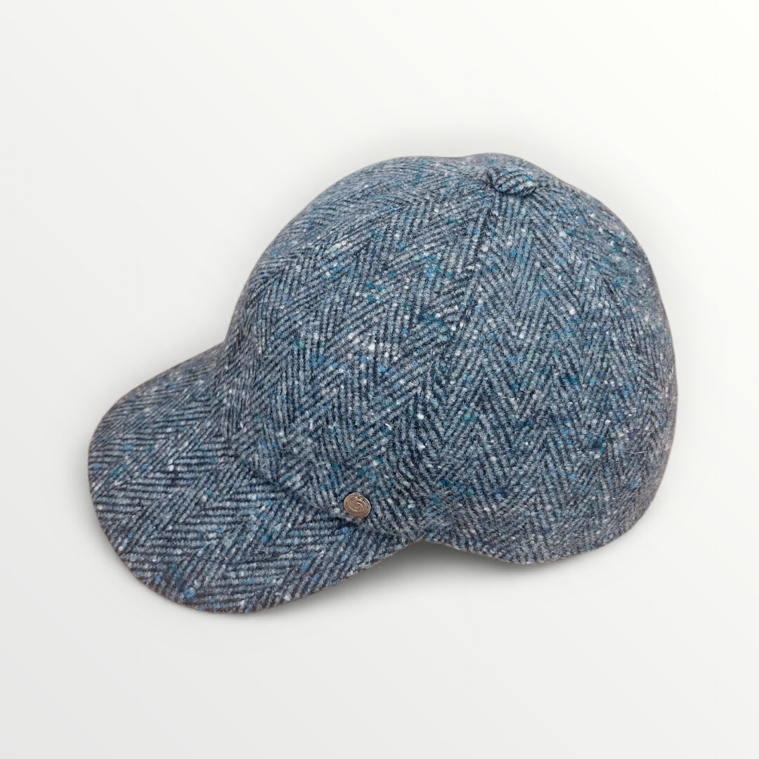Sbarià blue herringbone wool baseball cap with a classic berretto style, featuring a rounded crown and curved brim.