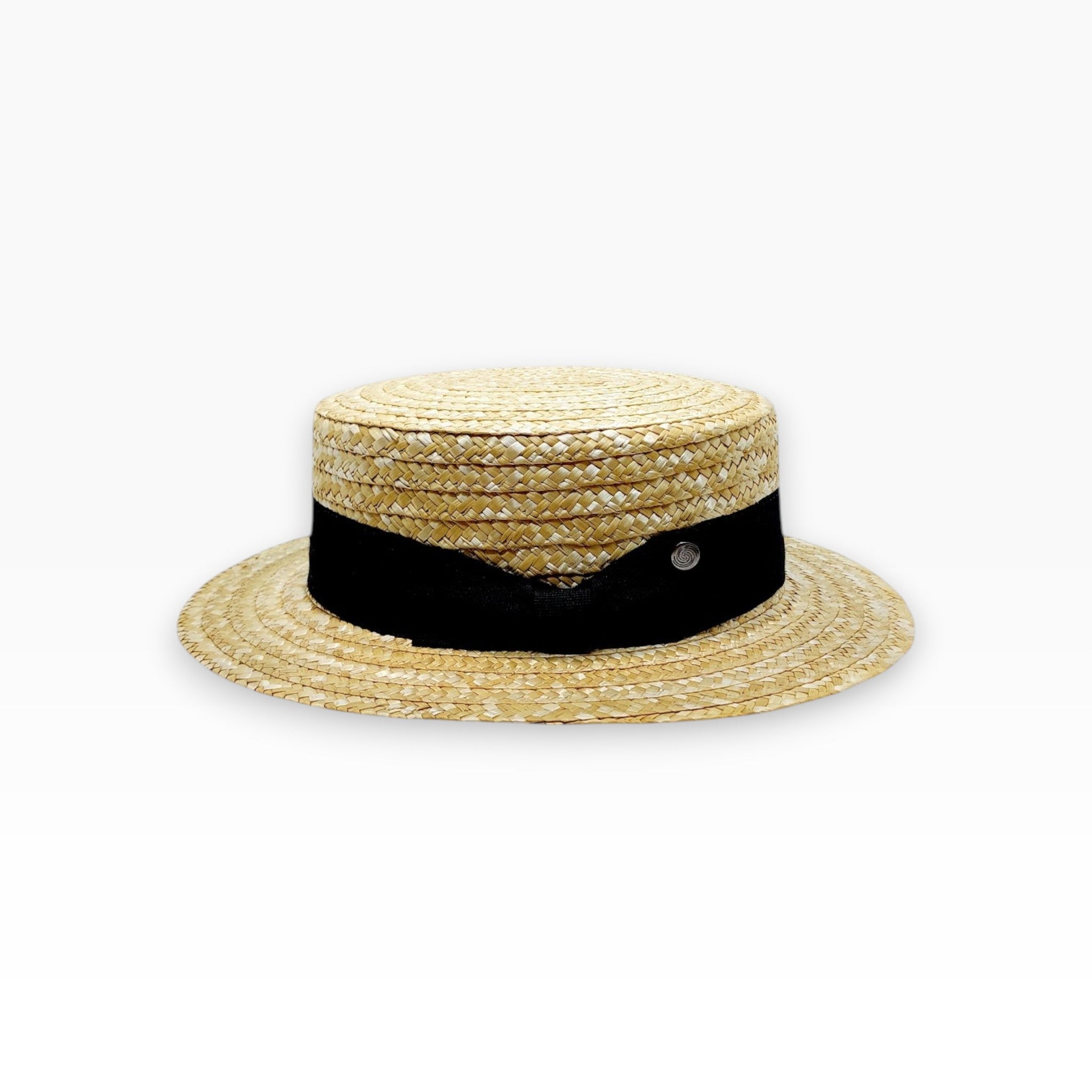 Natural straw boater hat with black ribbon and Sbarià logo pin, crafted in Italy, stylish and artisanal accessory.
