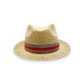 Natural raffia fedora hat by Sbarià with striped band in white, red, and black, featuring a crushable summer design and wide brim.