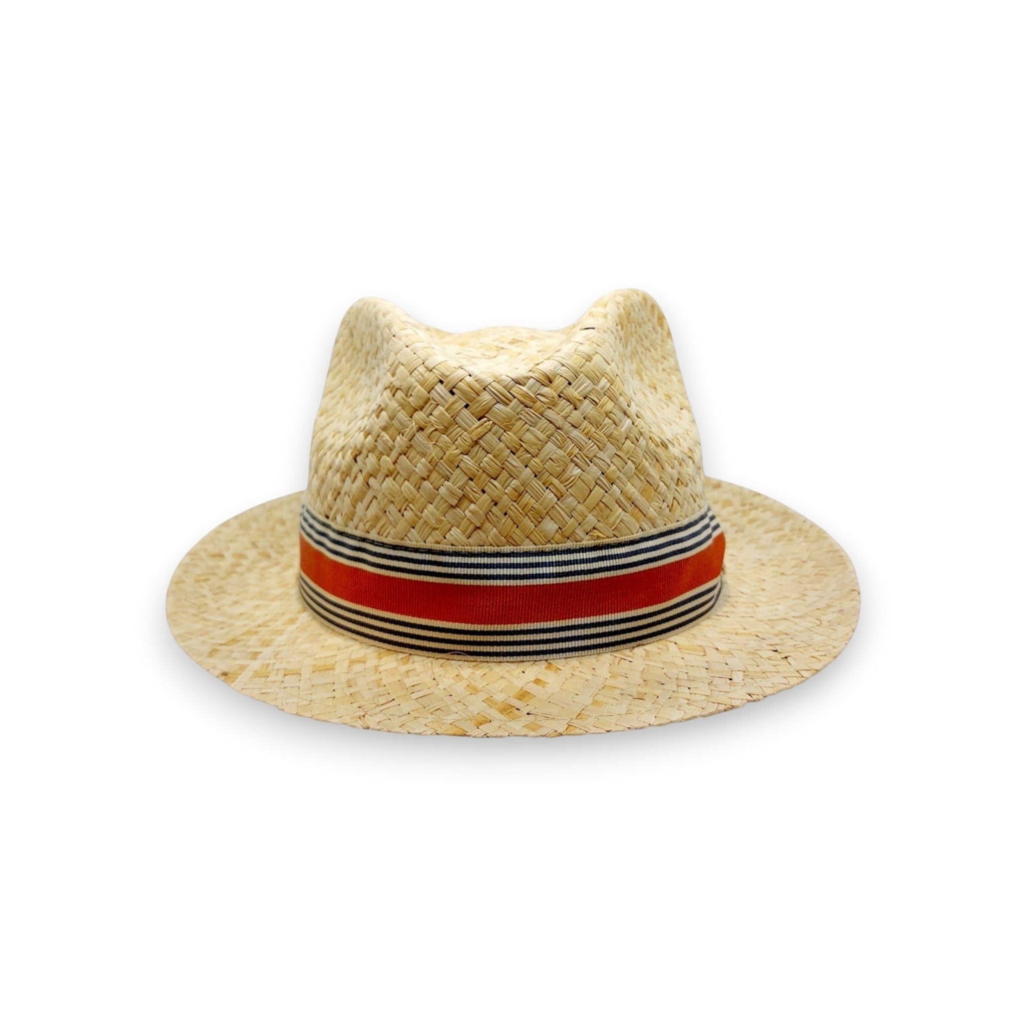 Natural raffia fedora hat by Sbarià with striped band in white, red, and black, featuring a crushable summer design and wide brim.