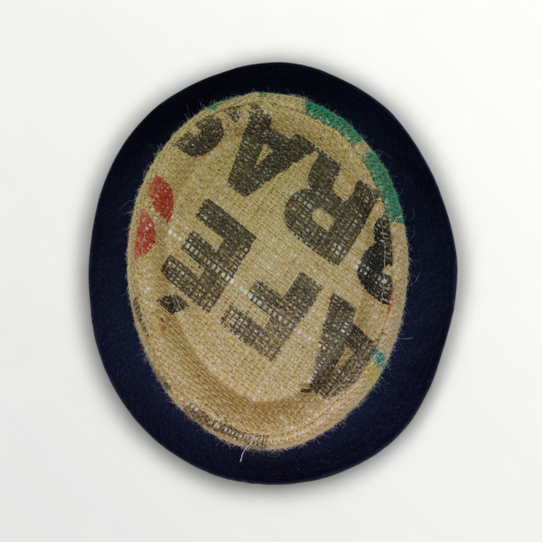 Sbarià pork pie hat made from coffee sack jute, featuring a classic design and natural woven texture.